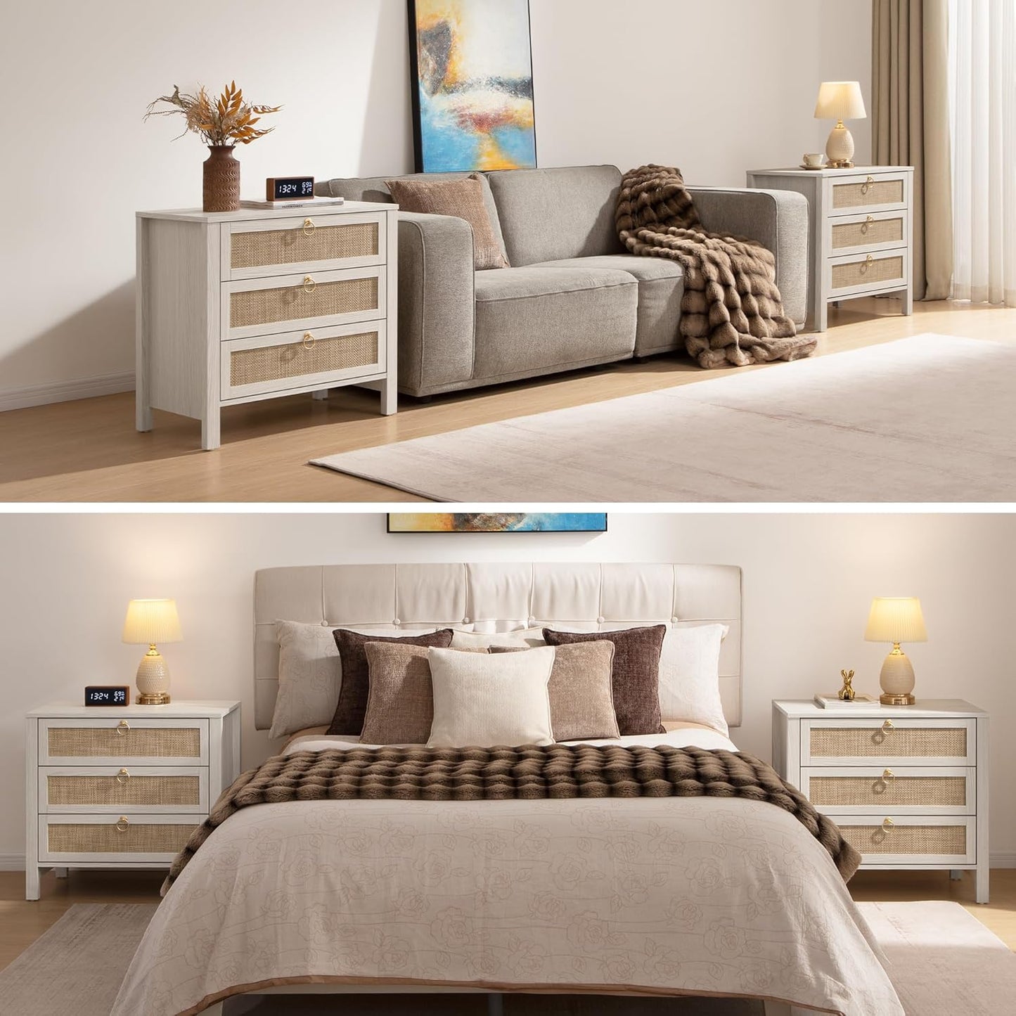 SICOTAS White Nightstand Set 2 with Drawers - Large Rattan Bedside Table with Golden Handle, 3 Drawers Night Stand Tall End Table 26.78" Wide Side Table Boho Nightstand for Bedroom