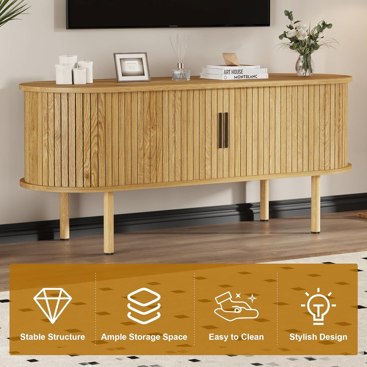 47.2" TV Stand, Modern TV Console Table with Storage Compartment and Sliding Door, Gaming Entertainment Center with Cabinet for Living Room, Bedroom, Office, Oak