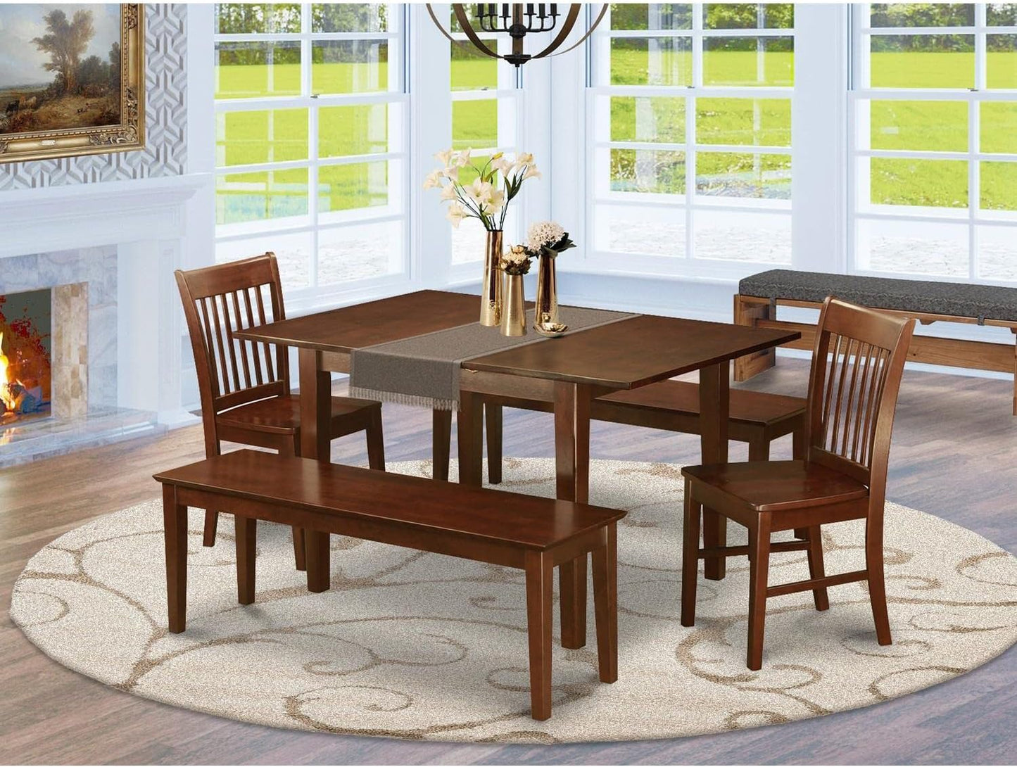 East West Furniture PSNO5C-MAH-W 5 Piece Kitchen Table & Chairs Set Includes a Rectangle Dining Table with Butterfly Leaf and 2 Dining Room Chairs with 2 Benches, 32x60 Inch, Mahogany
