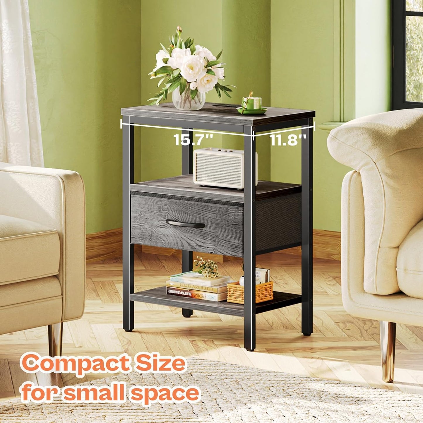 SUPERJARE Nightstand with Charging Station, Bed Side Table with Adjustable Fabric Drawer, Night Stand for Bedroom, 3-Tier Storage End Table, for Living Room, Grey