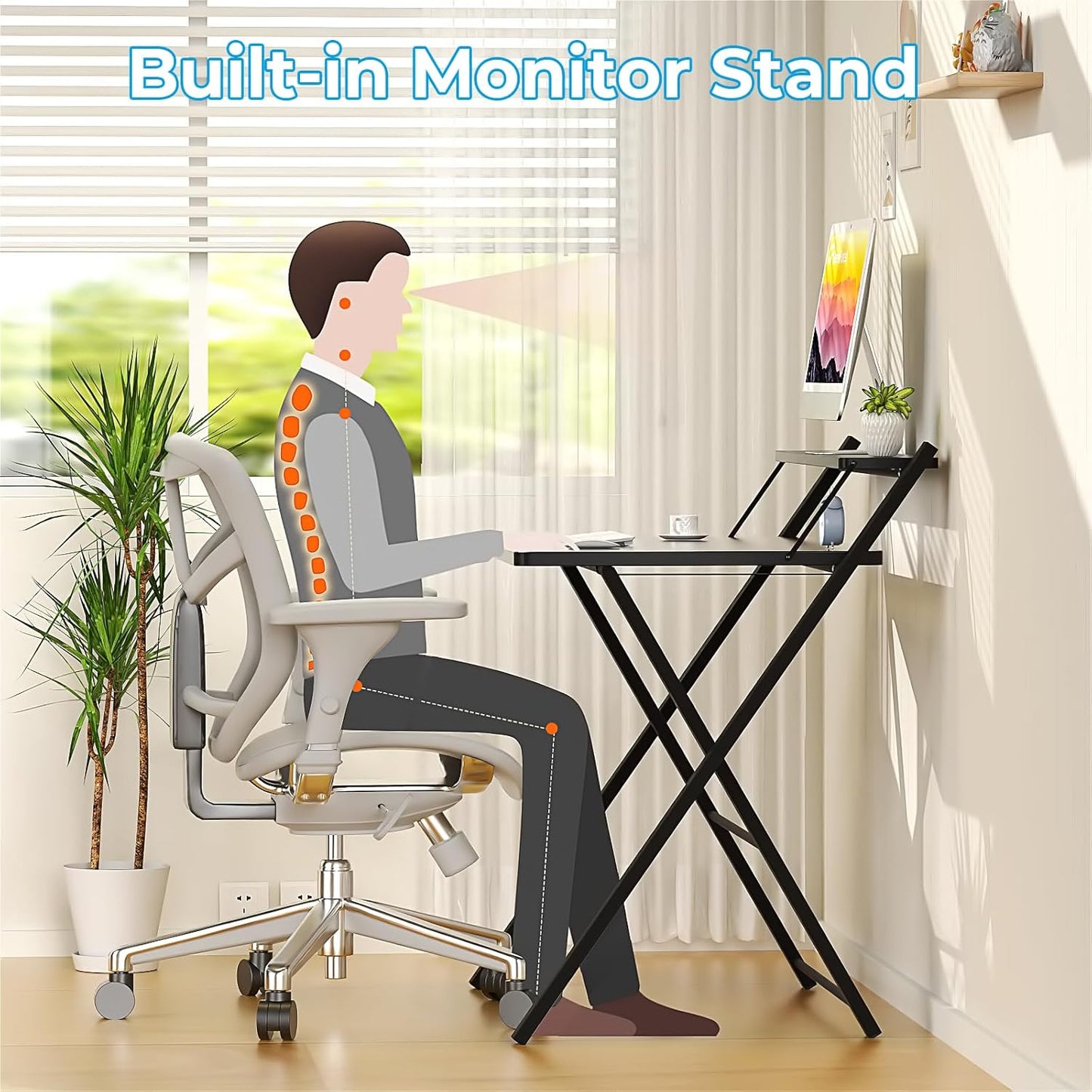 GreenForest No Assembly Folding Desk, 2-Tier Compact Computer Desk with Shelf, Space Saving Foldable Table for Home Office, Dorm or Apartment, Portable Collapsible Sturdy Laptop Desk, Black