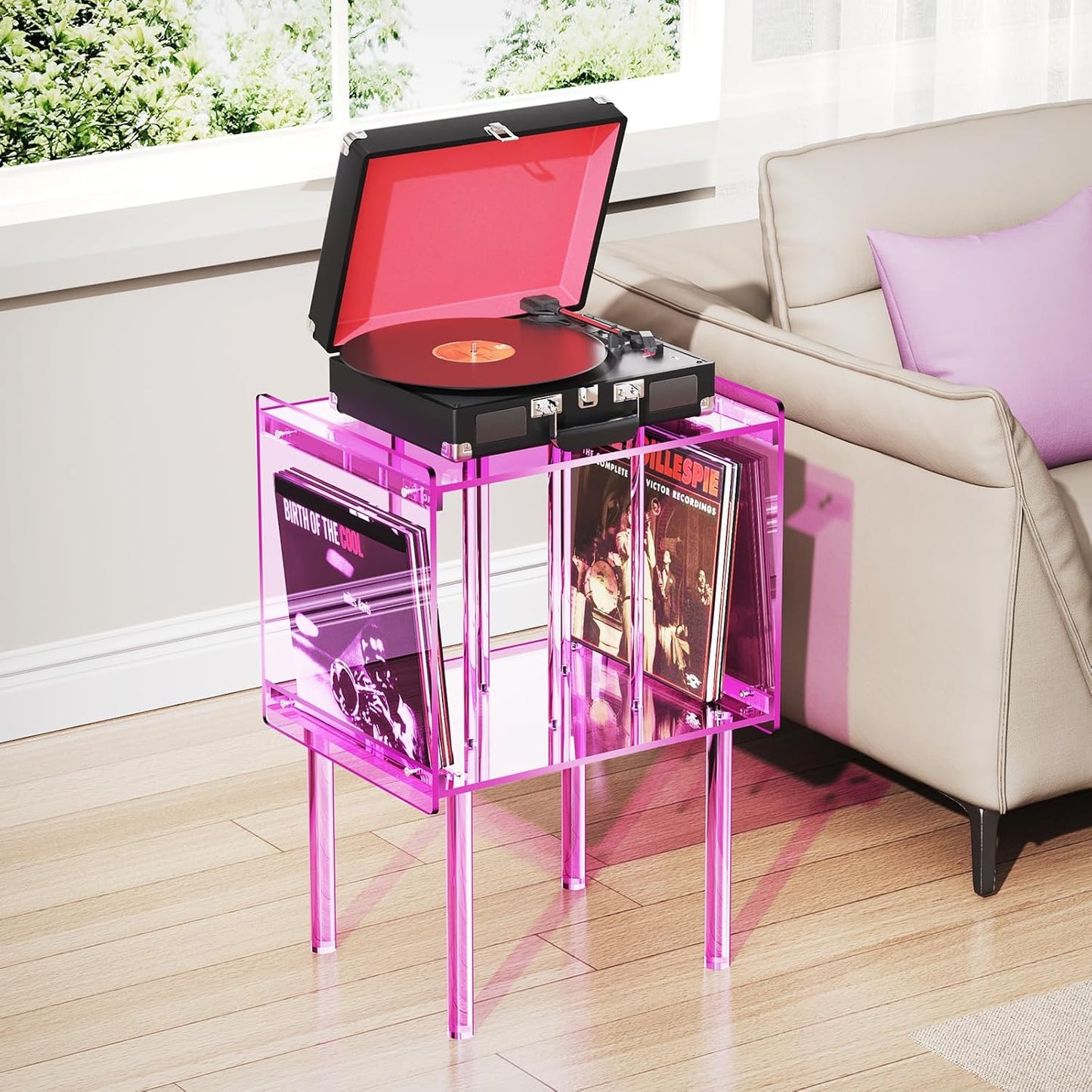 Acrylic Record Player Stand, with Vinyl Storage, Clear Acrylic Side Table, Pink (Pink)