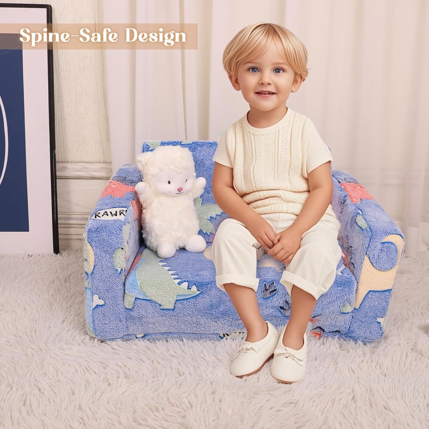 Kids Chairs for Toddler, 2 - in - 1 Toddler Soft Teddy Fleece Couch Featuring Glow - in - The - Dark Elements, Fold Out, Convertible Sofa to Lounger for Girls and Boys - Colorful Dinosaur