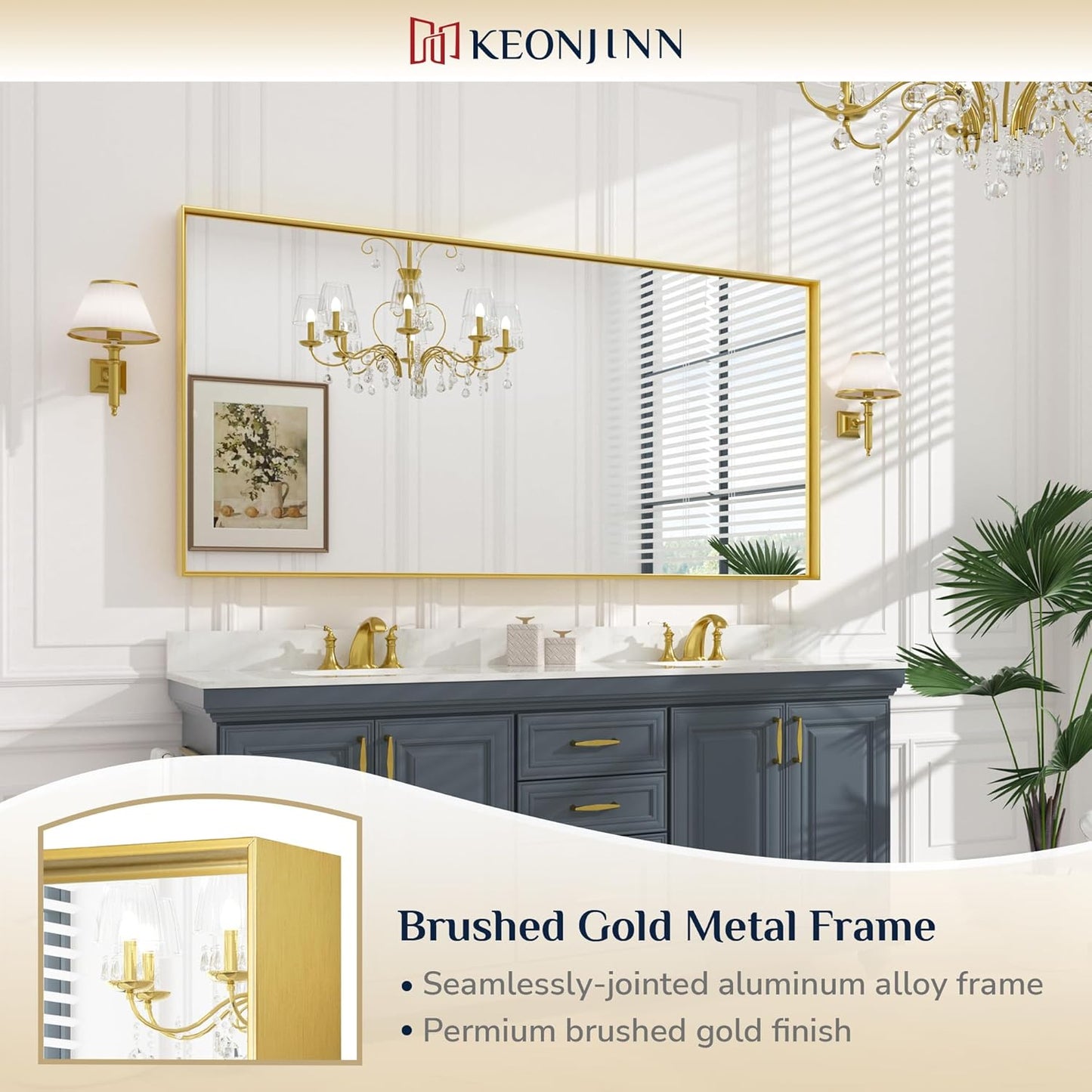 Keonjinn Large Gold Bathroom Mirror 72" x 36", Brushed Gold Rectangular Mirror for Wall, Oversized Metal Framed Mirror, Square Corner, Modern Farmhouse Decorative(Horizontal/Vertical)