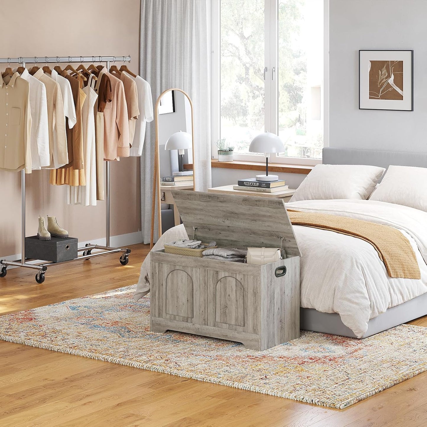 DINZI LVJ Storage Chest, 31.5”Wooden Toy Box with 2 Safety Hinges, Entryway Storage Bench with Flip-Top, Sturdy Storage Trunk for Living Room, Bedroom, Easy Assembly, Gray Wash