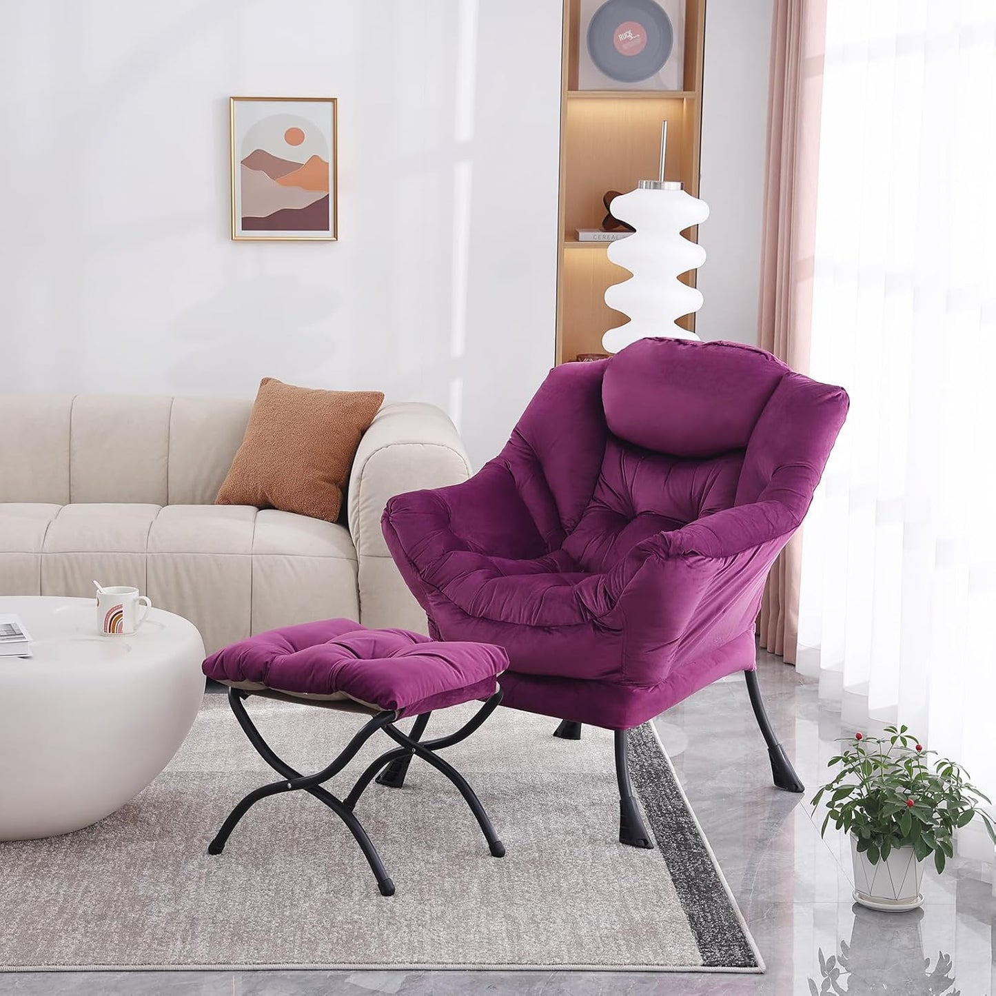 Lazy Chair with Folding Ottoman, Modern Accent Lounge Armchair with Armrests, a Side Pocket & Foldable Footstool, Leisure Reading Chair for Living Room, Bedroom, Dorm & Office, Velvet Purple