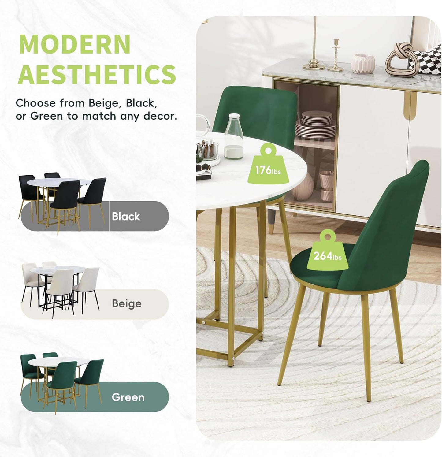 Merax 47.2” Round Dining Table Set for 4, Foldable Kitchen Dining Table with 11.8” Drop Leaves, Faux Marble Top with Golden Frame, 4 Upholstered Chairs (White+Green)