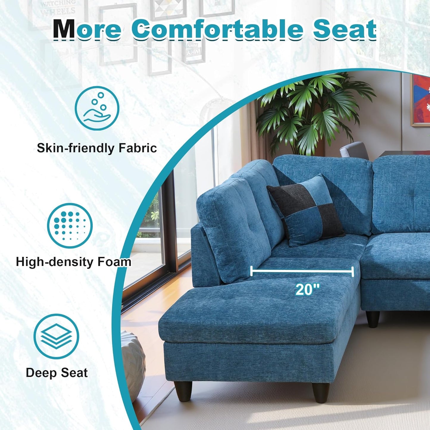 103.5" Oversized Sectional Couch, L Shaped Couch with Storage Ottoman, Modern Modular Sofa with Deep Seat, Sectional Couches for Living Room and Office, Blue (Flannel)