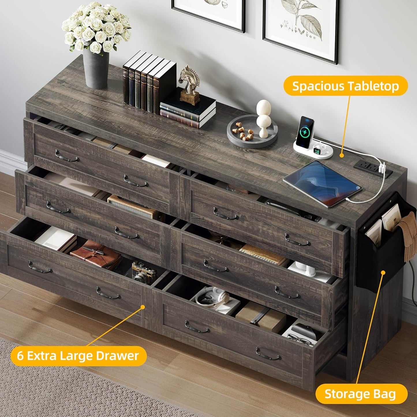 YITAHOME Rustic Oak Drawers TV Stand for 65 inches with Power Outlets -Chest of Drawers Dresser with Side Organizer Bag Entertainment Center TV Console