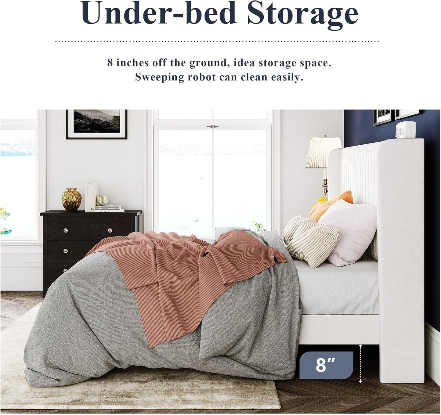 Allewie Queen Size Velvet Bed Frame/Vertical Channel Tufted Wingback Headboard/Upholstered Platform Bed/Strong Wooden Slats/No Box Spring Needed/Easy Assembly/White