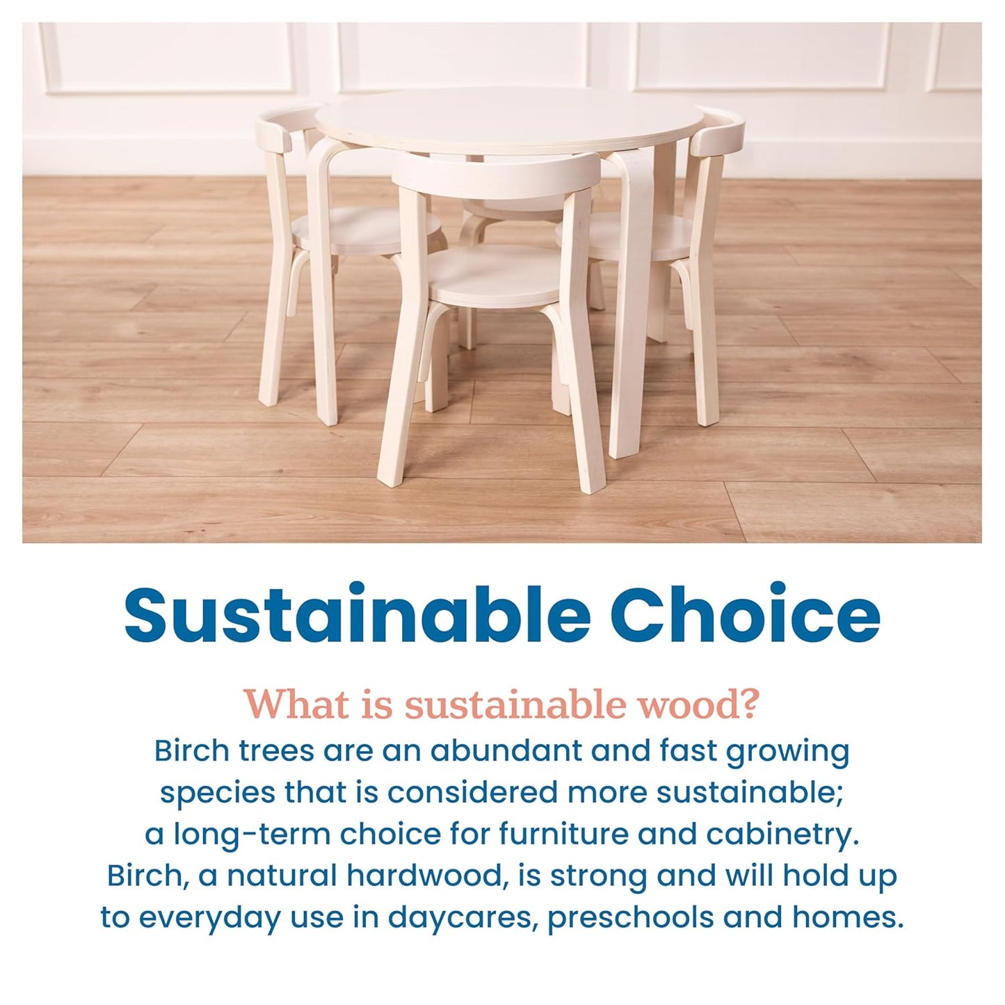 ECR4Kids Bentwood Round Table and Curved Back Chair Set, Kids Furniture, White Wash, 5-Piece