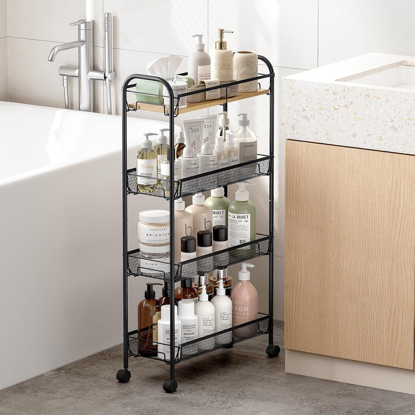 KINGRACK Metal Slim Rolling Cart,4-Tier Metal Utility Cart,Storage Cart with Wooden Tabletop, for Narrow Space on Laundry Bathroom Kitchen Room Bedroom Apartments Dormitory (Pure Black, Slim)