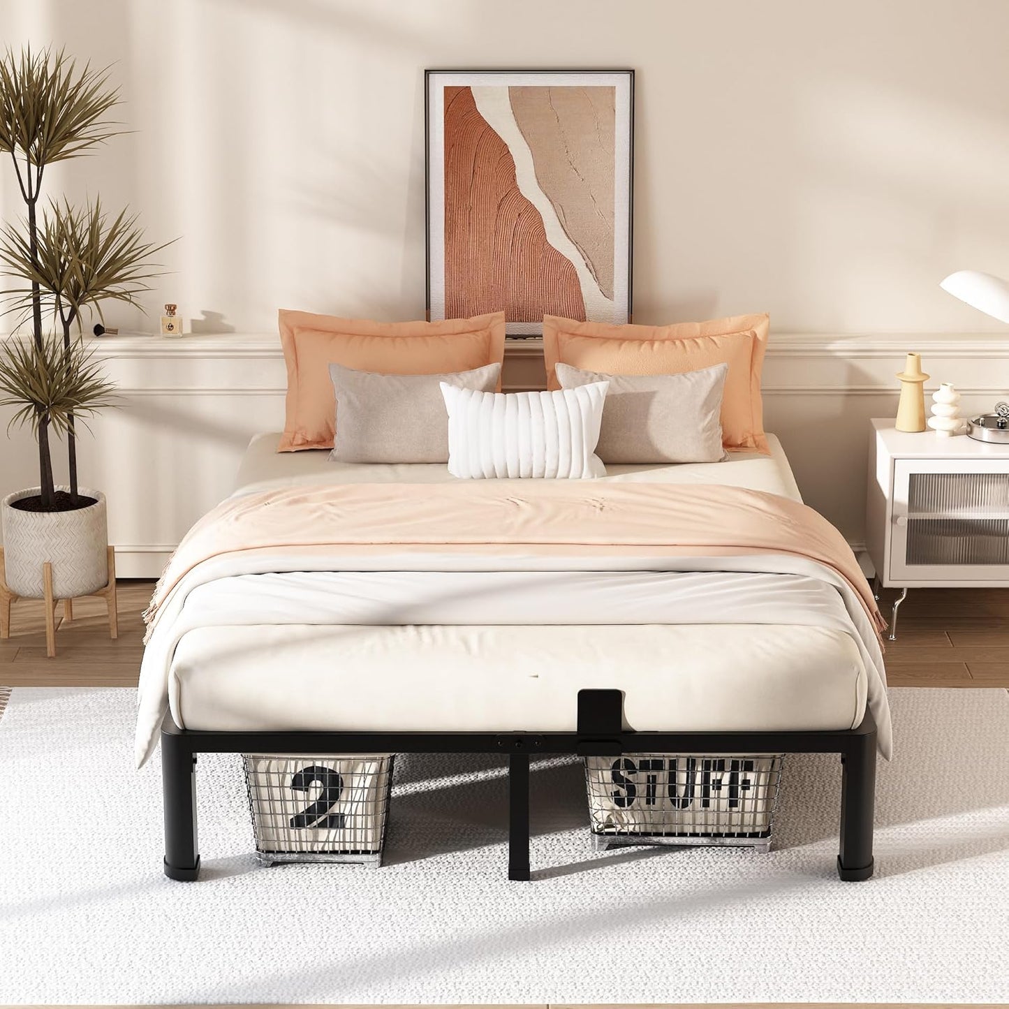12 Inch California King Bed Frame with Rounded Corner and Headboard Hole Mattress Retainers 3500 LBS Metal Heavy Duty Steel Slats Support No Box Spring Needed Platform Noise Free Easy Assembly