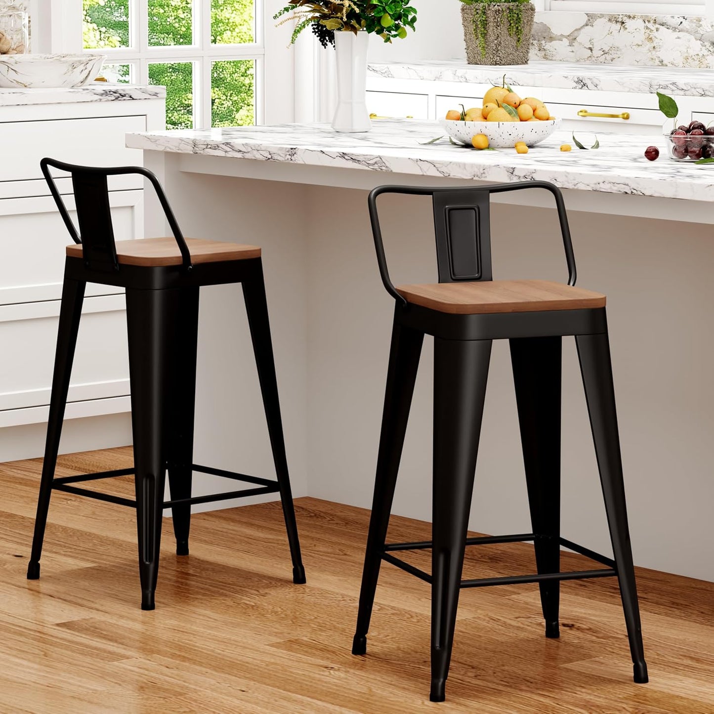 WENTMENT Bar Stools Set of 2 Counter Height Metal Barstools with Removable Back 30" Kitchen Bar Stools with Wooden Seat, Black