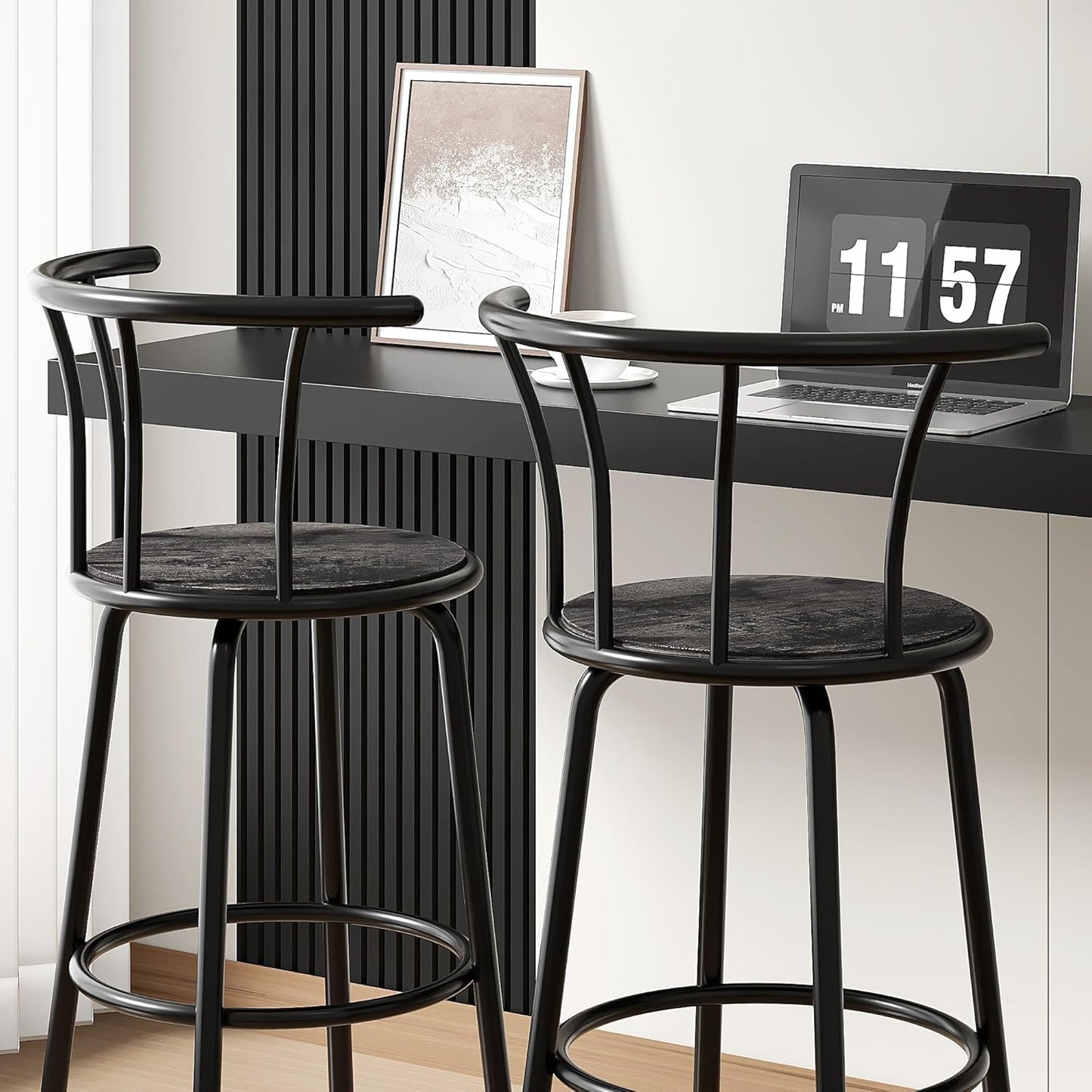 VECELO Bar Stools Set of 2, Swivel Counter Barstools with Backrest, Bar Height Chairs for Dining Room, Kitchen Island, Pub, Easy Assembly, Retro Grey