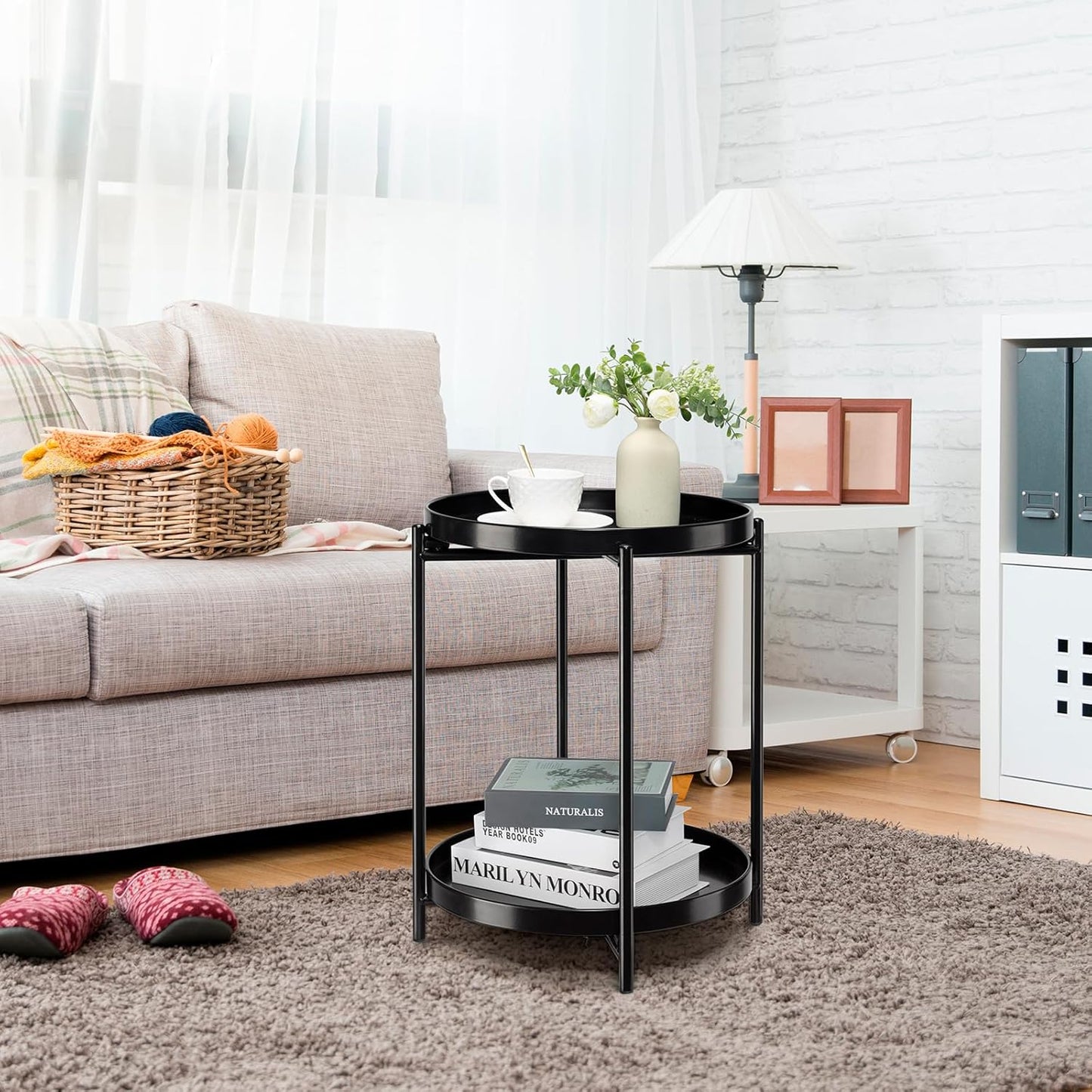 danpinera 2-Tier Round Side Table, Metal End Table with Removable Tray, Small Outdoor Table Accent Table, Anti-Rust Black Nightstand for Bedroom Balcony Patio (Black)