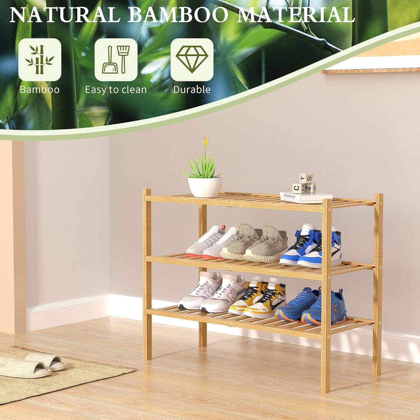3 Tier Bamboo Shoe Rack for Closet Free Standing Wood Shoe Shelf Storage Organizer for Entryway Small Space Stackable 27"x11"x20" (Natural)