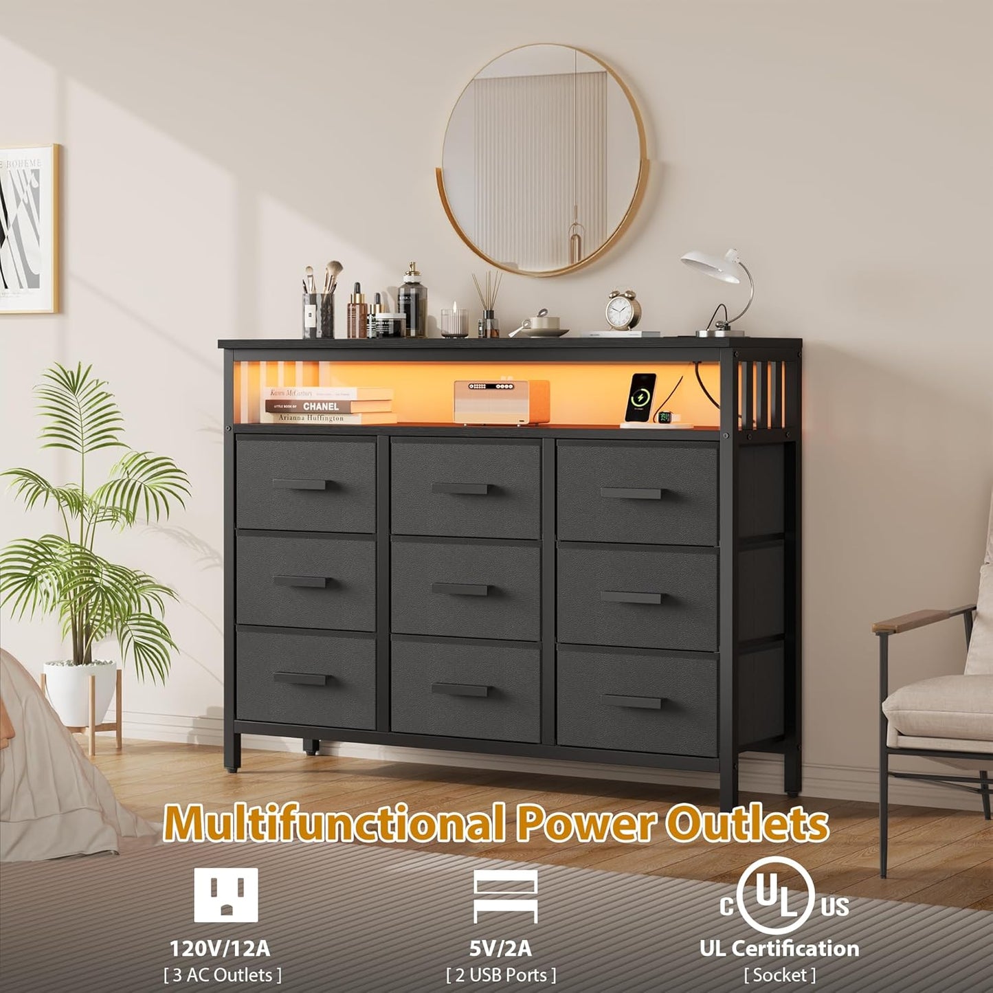 9 Drawer Dresser TV Stand with LED Lights & Power Outlets, Entertainment Center with Open Shelf, Media Console for 50” TV, Large Storage Dresser for Bedroom (Black)