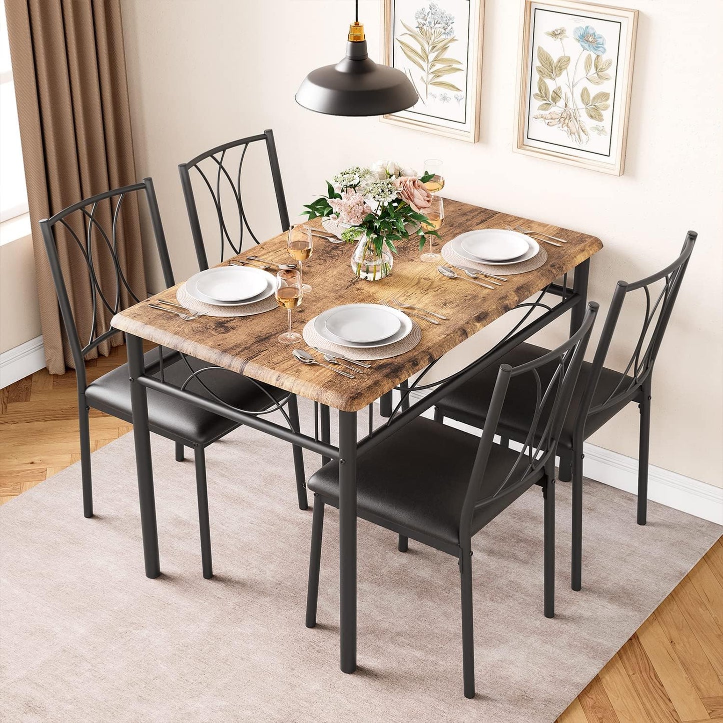 CABIHOME Dining Table Set, 5 Piece Dining Table Set for 4, Rectangle Kitchen Table Set with 4 Upholstered Chairs for Small Space, Apartment, Retro Brown