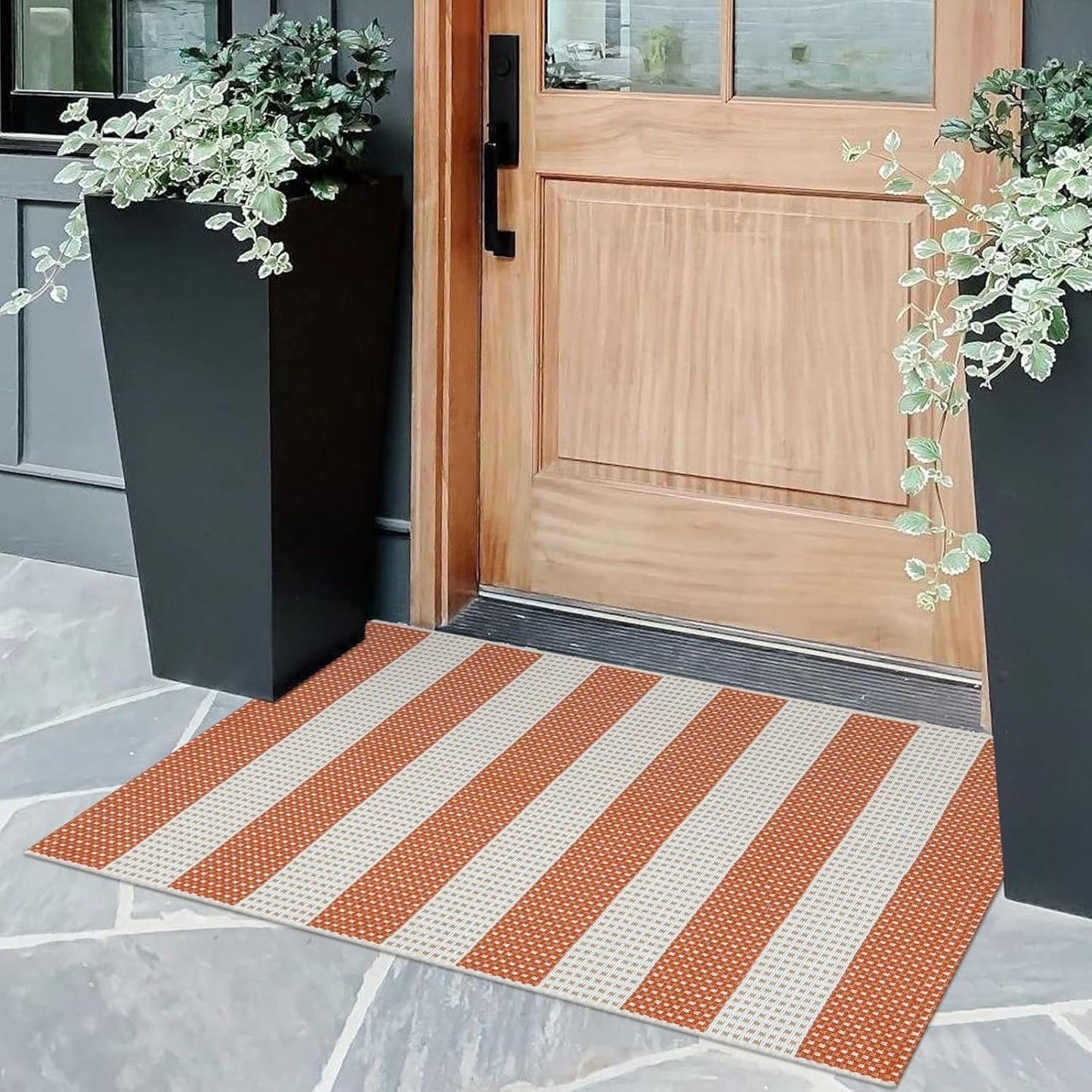 OJIA Fall Front Door Mat 24"x36" Cotton Woven Washable Striped Porch Rug Indoor Halloween Doormat Small Outdoor Rugs Farmhouse Entry Rug Kitchen Throw Rugs for Layered Door Mats (Orange/White/Tan)