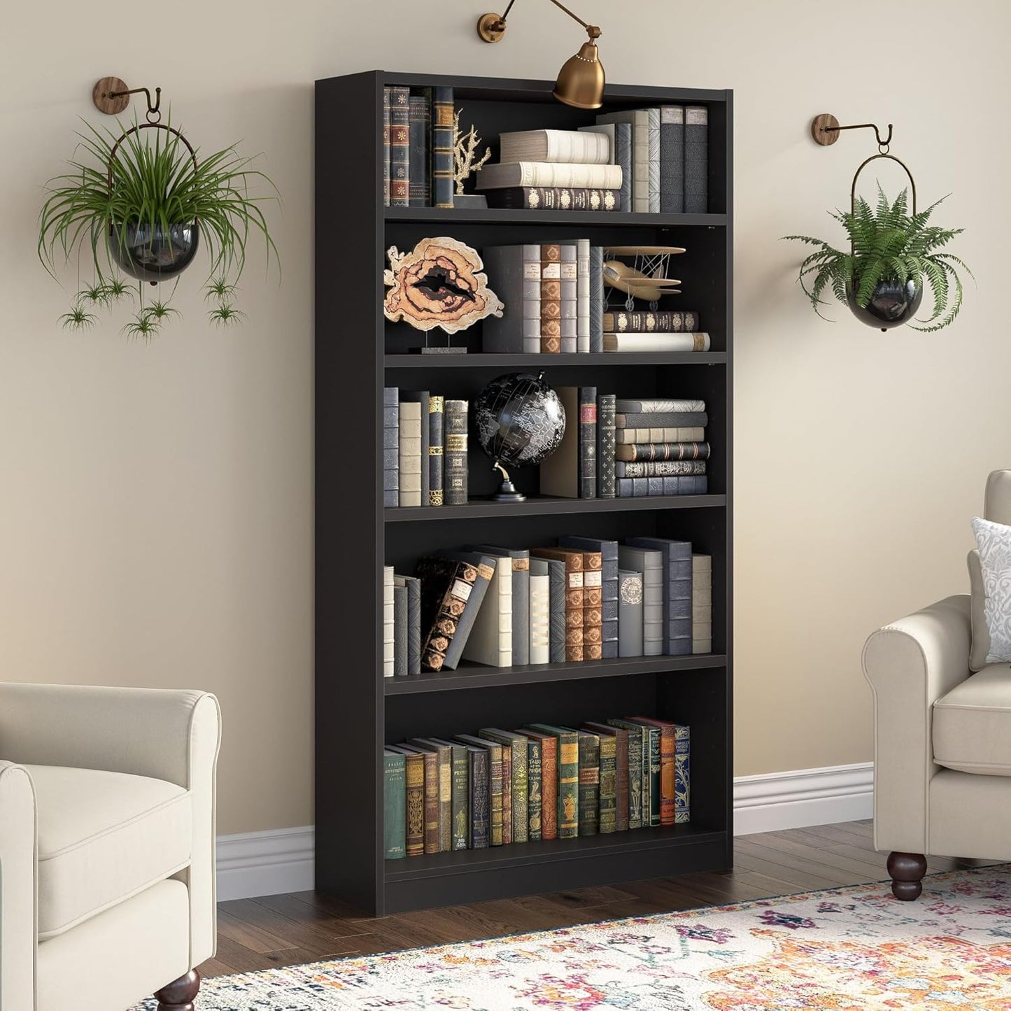 Bush Furniture Universal Tall 5 Shelf Bookcase in Black, Vertical Storage and Display Bookshelf for Home Office or Living Room Organization