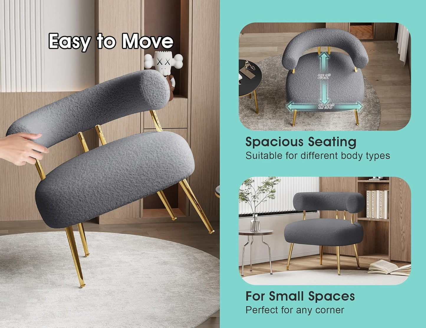 Mid Century Sherpa Boucle Accent Chair, Round Upholstered Barrel Arm Chair for Small Spaces, Fluffy Side Corner Sofa Chair for Living Room, Bedroom, Vanity, Office, Reading Nook(Grey)