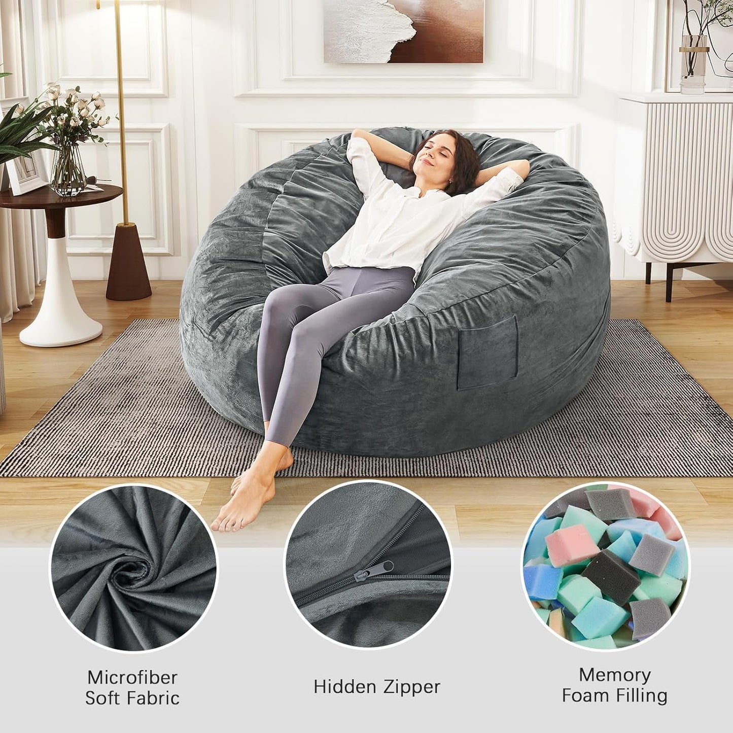 Bean Bag Chairs for Adults - Giant Bean Bag Chair Convertible Bean Bag Bed - Beanbag Chair with Micro Fiber Cover/Furniture Foam Filler - Floor Couch Sofa in Bedroom Dorm Room - Queen Charcoal