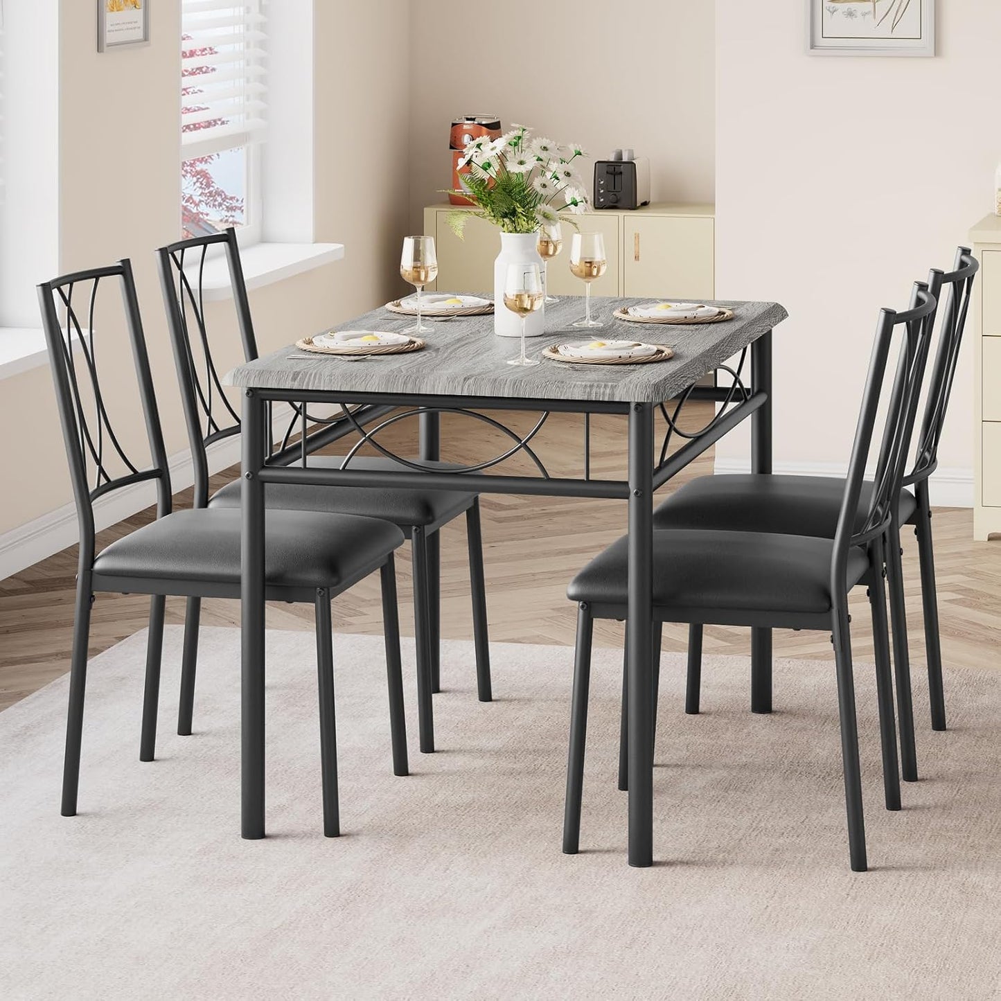 Dining Table Set for 4, Compact Kitchen Table with 4 Upholstered Chairs, 5-Piece Kitchen Table Set for Small Space, Dining Room, Apartment, Retro Gary