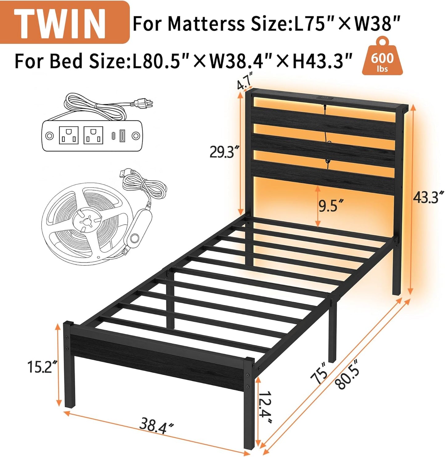 14 Inch Classic Metal Platform Bed Frame-Twin Bed Frame with Headboard,Steel Slats Support-LED Bed Frame with USB Charging Station,Under Bed Storage,No Box Spring Needed,Noise Free