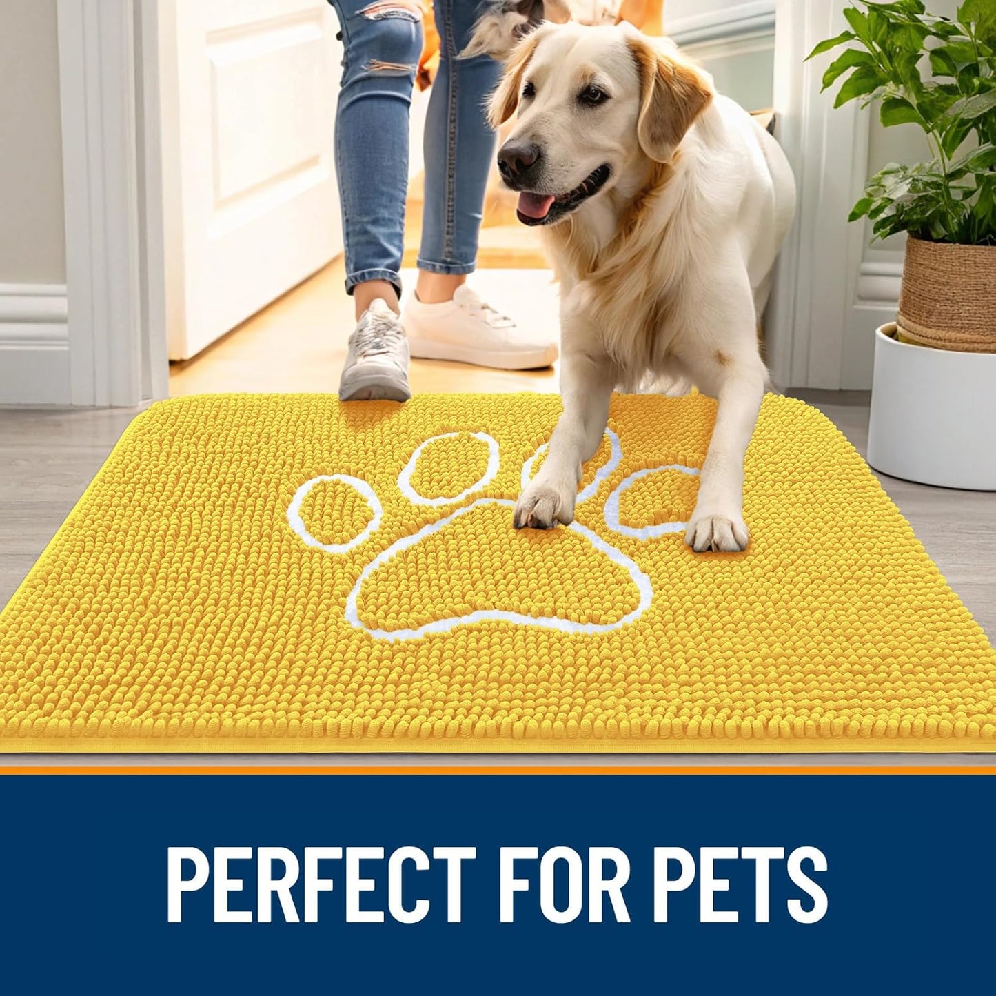 OLANLY Door Mat for Muddy Dog Paws 30x20, Ultra Absorbent Chenille Mud Doormat with Paw Print Design, Non-Slip Washable Doormat for Indoor Entryway, Quick-Dry Pet Bed Mats for Dirty Dogs, Yellow