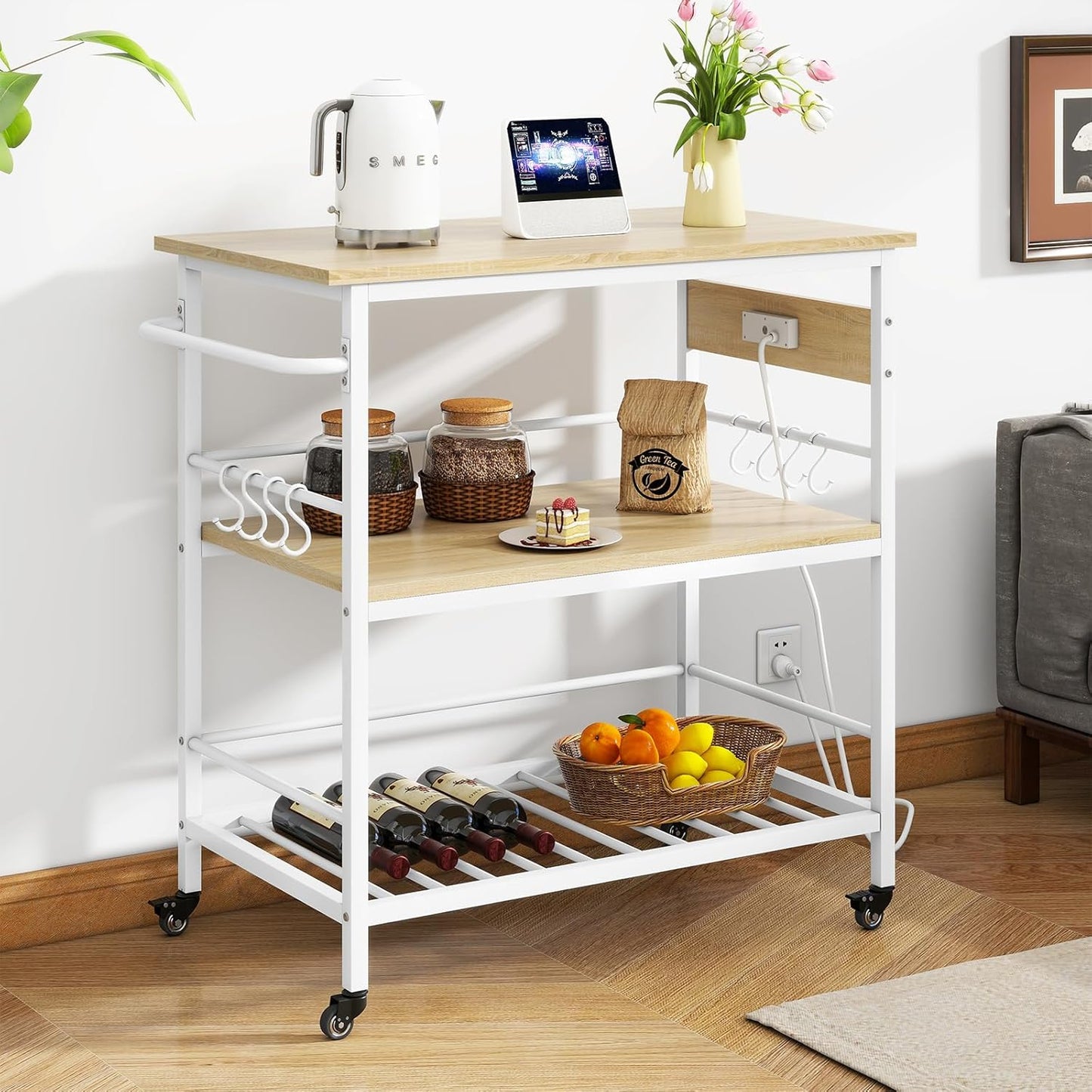 IBUYKE Kitchen Island with 3 Shelves, Island Table for Kitchen with Power Outlet,Kitchen Cart with Large Worktop,Rolling Bar Cart for Home, Outdoor, Kitchen TMJ024R