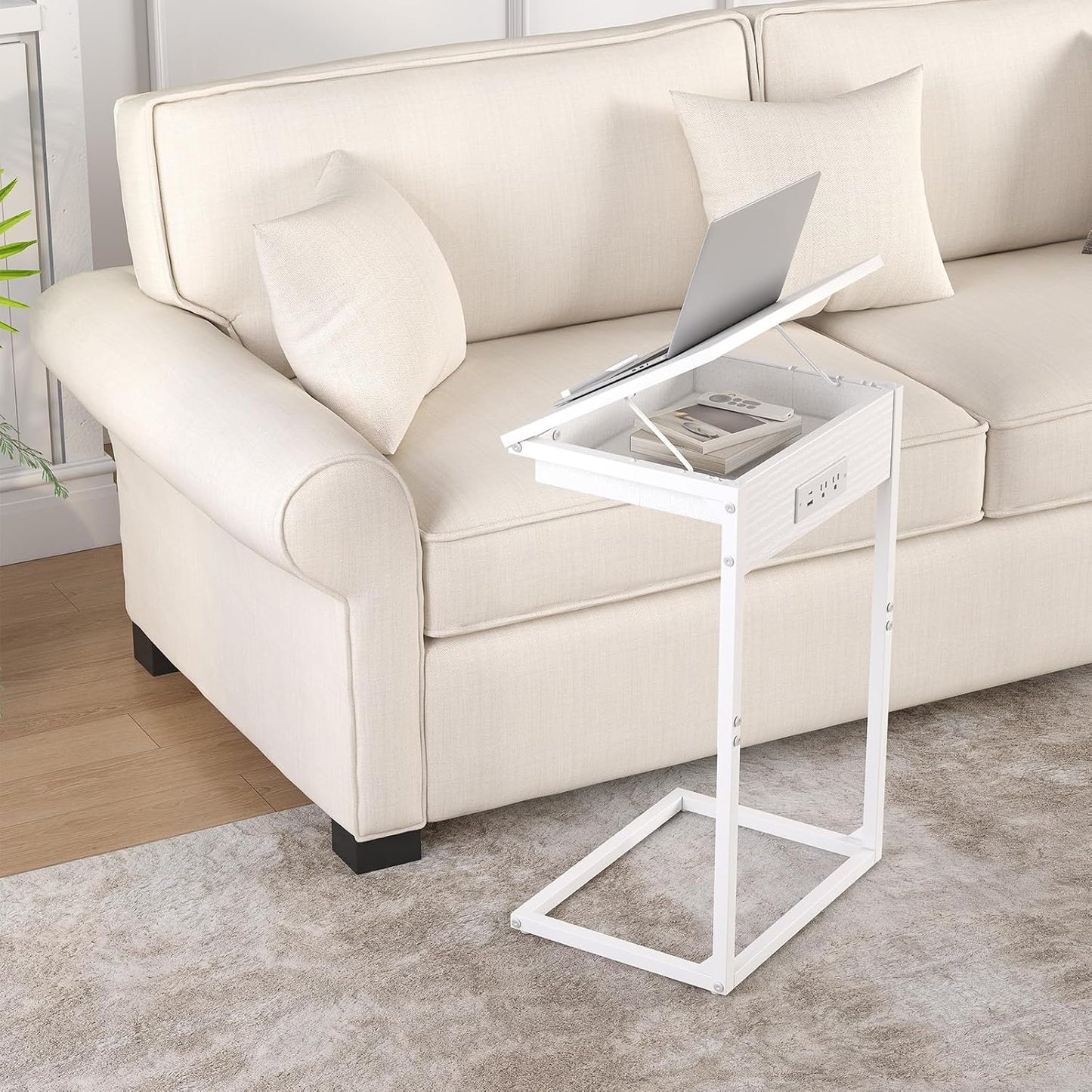 C Shaped End Table with Charging Station, 45° Tiltable Adjustable Flip Top Side Table with Storage,Small C Table for Small Spaces,Slide Under Couch Sofa Bedside Table for Living Room,White