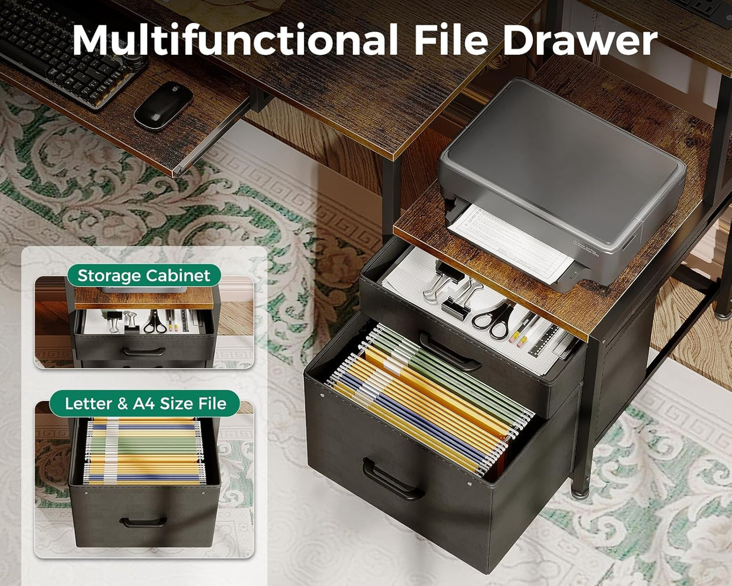 AODK Computer Desk with Drawers and Keyboard Tray, 63" Office Desk with Power Outlet, Reversible Study Work Desk with Printer Shelf and PC Stand for Home Office, Vintage