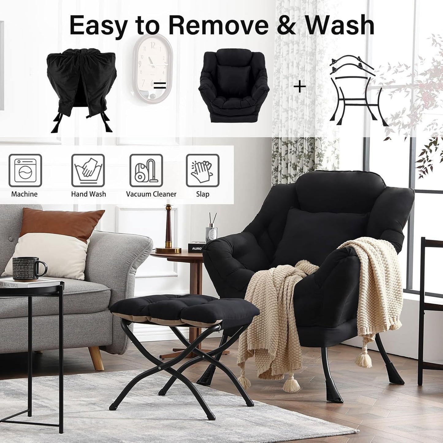 Lazy Chair with Ottoman, Modern Lounge Accent Chair with Armrests and a Throw Pillow, Leisure Sofa Chair Set, Reading Chair with Footrest for Living Room, Bedroom, Dorm Room, Midnight Black