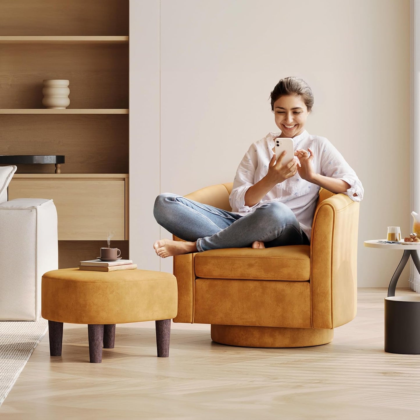 LINSY Swivel Accent Chair with Ottoman: Small Velvet Barrel Chair 360 Swivel Modern Armchair, Upholstered Reading Chair with Footrest for Living Room Bedroom Study Room (Yellow)