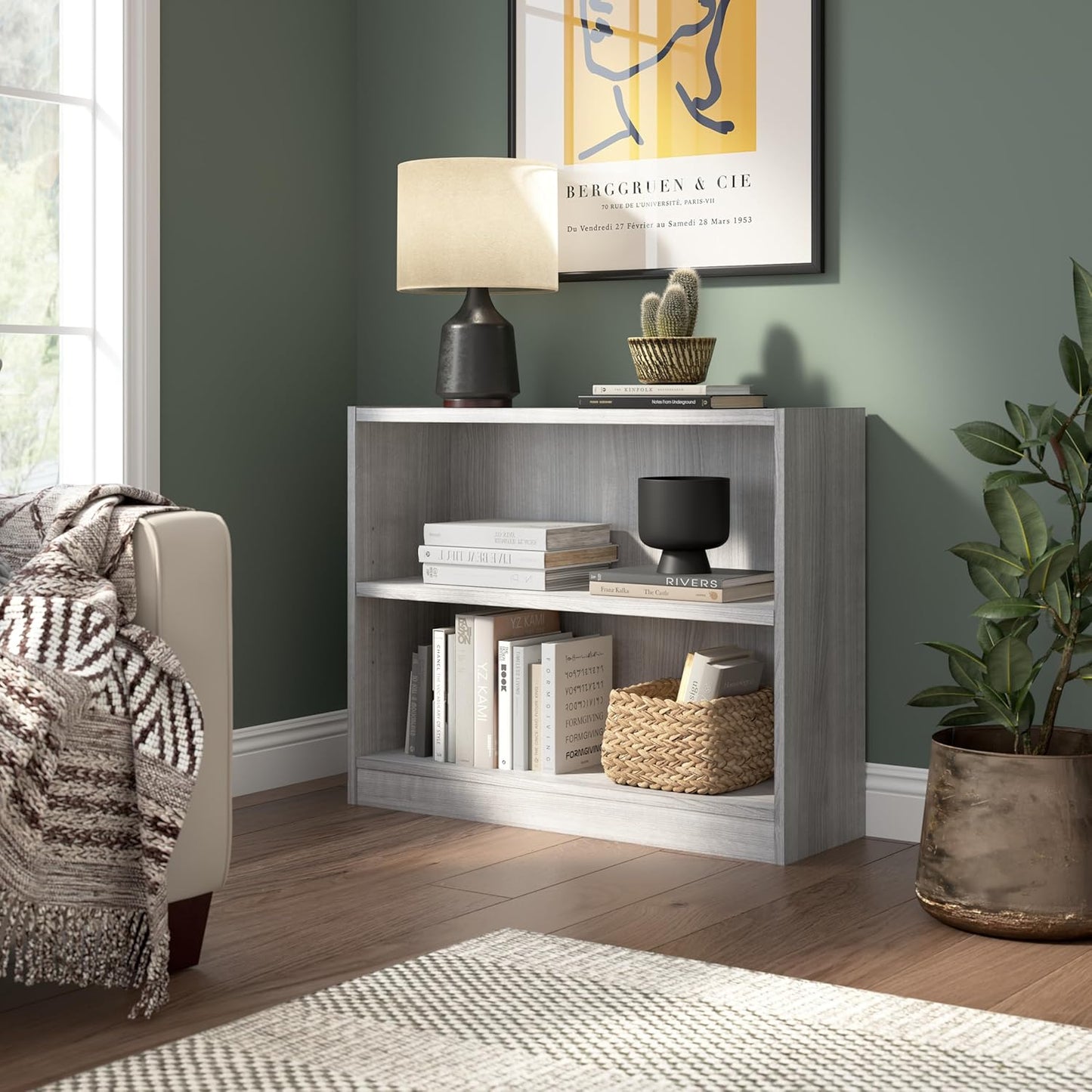 Bush Furniture Universal Small 2 Shelf Bookcase in Platinum Gray, Low Storage and Display Bookshelf for Home Office or Living Room Organization