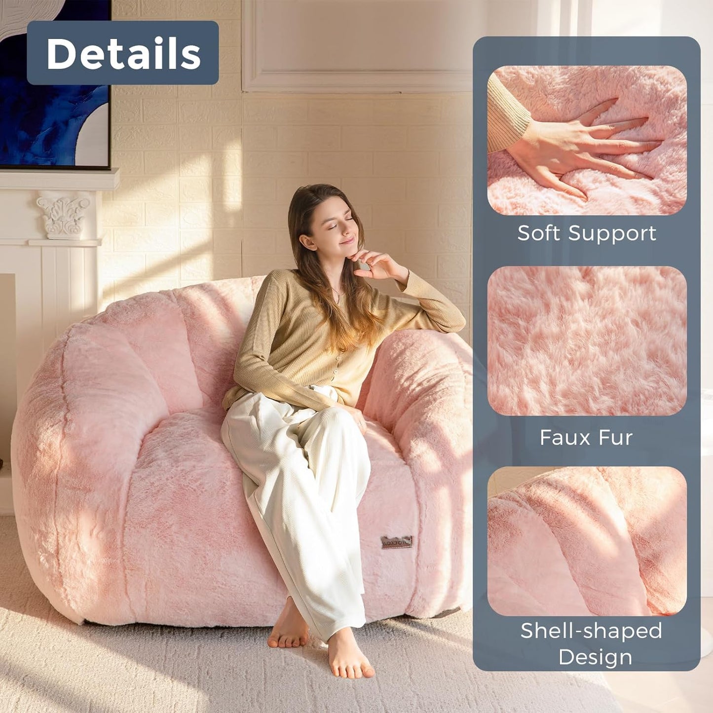MAXYOYO Giant Bean Bag Chair, Oversized Bean Bag Couch for Adults and Kids, Faux Fur Shell-Shaped Large Chair with Filler, Stuffed Big Accent Sofa Lounge Floor Sofa for Gaming, Reading, Pink