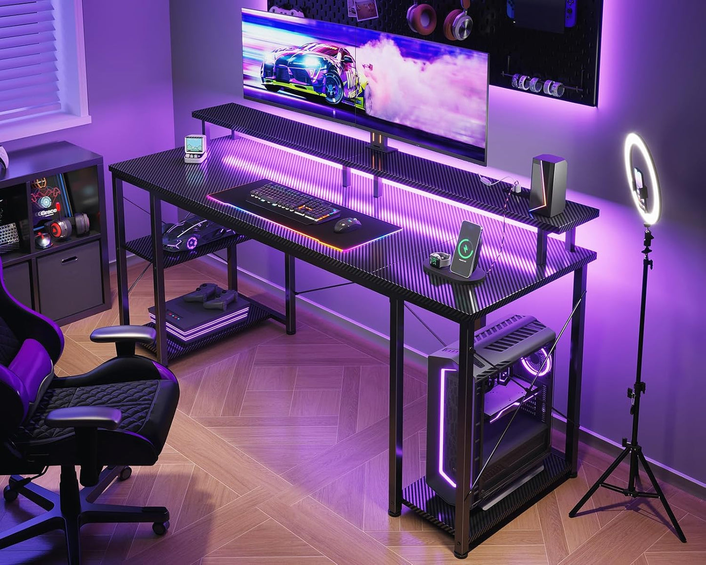 ODK 63 Inches Gaming Desk with LED Lights, Computer Desk with Monitor Stand, Pc Table with CPU Stand, Carbon Fiber Black