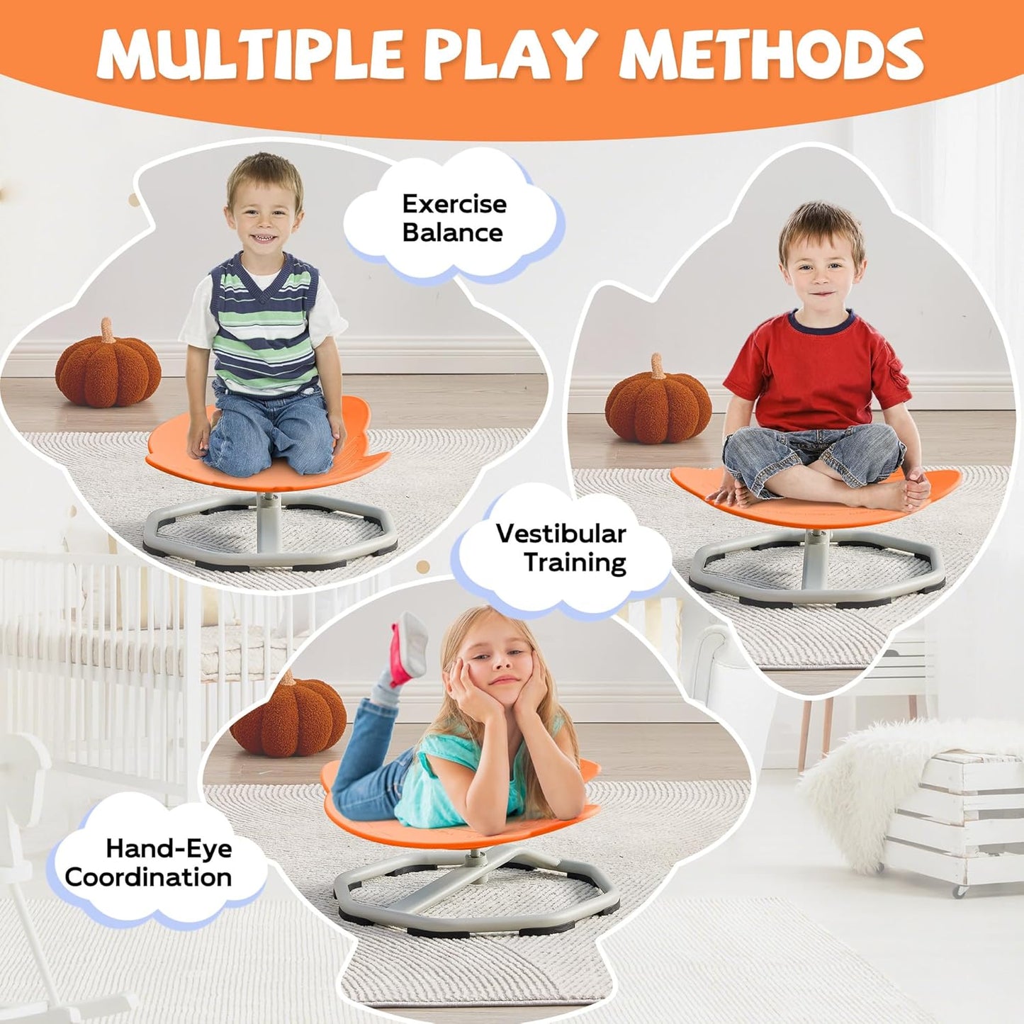 Spinning Chair for Autistic Kids, Non-Slip Sensory Spinning Chair, Sit and Spin Autism Toys Training Body Coordination (Orange)