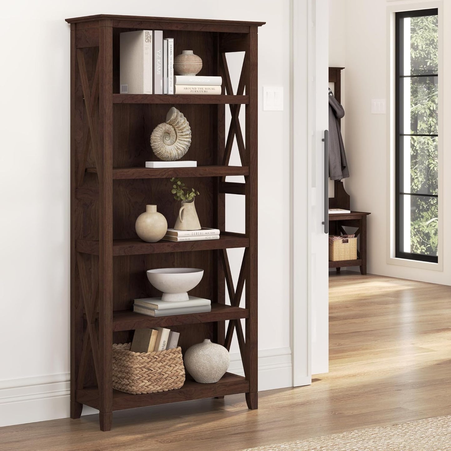 Bush Furniture Tall 5 Shelf Bookcase for Living Room or Home Office, Large Bookshelf, Modern Farmhouse Style, Key West Collection, Bing Cherry