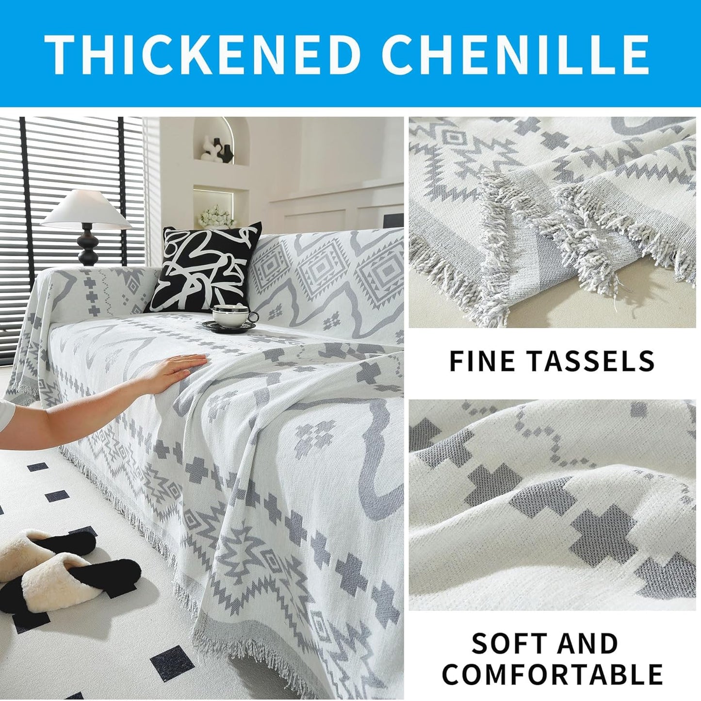 LUFEIJIASHI Boho Couch Covers for Sofa Non Slip Sofa Covers Washable Couch Covers for 3 Cushion Couch Sofa Pet Friendly Sectional Couch Cover Blanket Furniture Protector for Dogs (Grey, 71"x118")