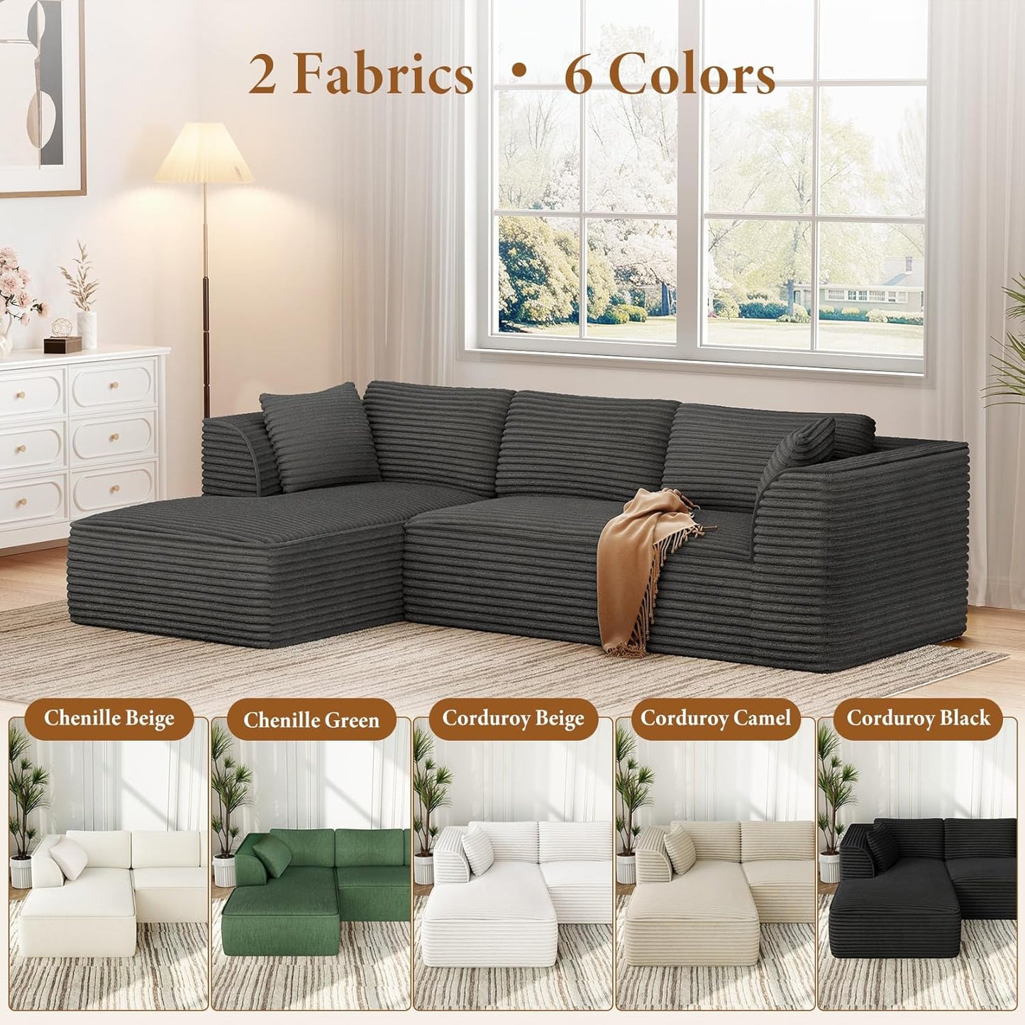 Vesgantti 106" Boneless Couch with Chaise, Deep Seat Comfy Cloud Modular Sofa Corduroy Memory Foam Sectional Couches for Living Room Bedroom, No Assembly Required (Grey, Left-Facing Chaise)