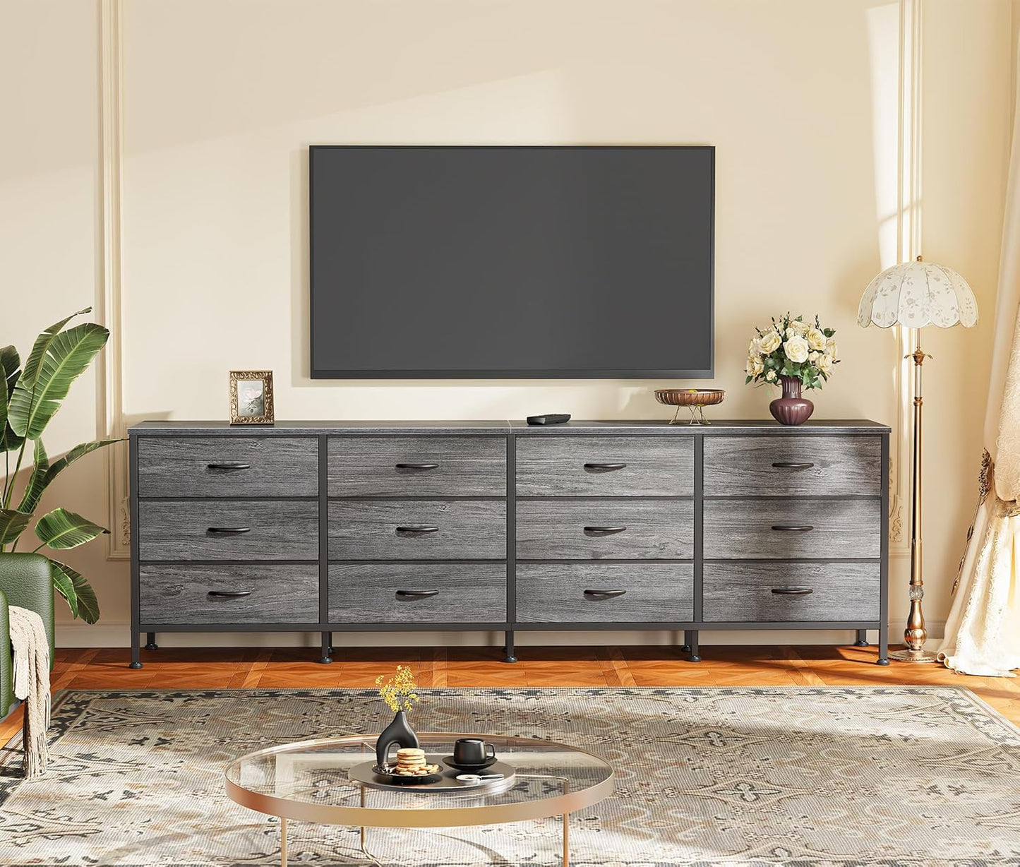 Huuger 70 Inch Dresser for Bedroom, TV Stand for 65, 75, 80 Inch TV, 12 Fabric Drawer Long Dresser, Large Storage Organizer Unit, Wide Chest of Drawer with Storage, for Living Room, Grey