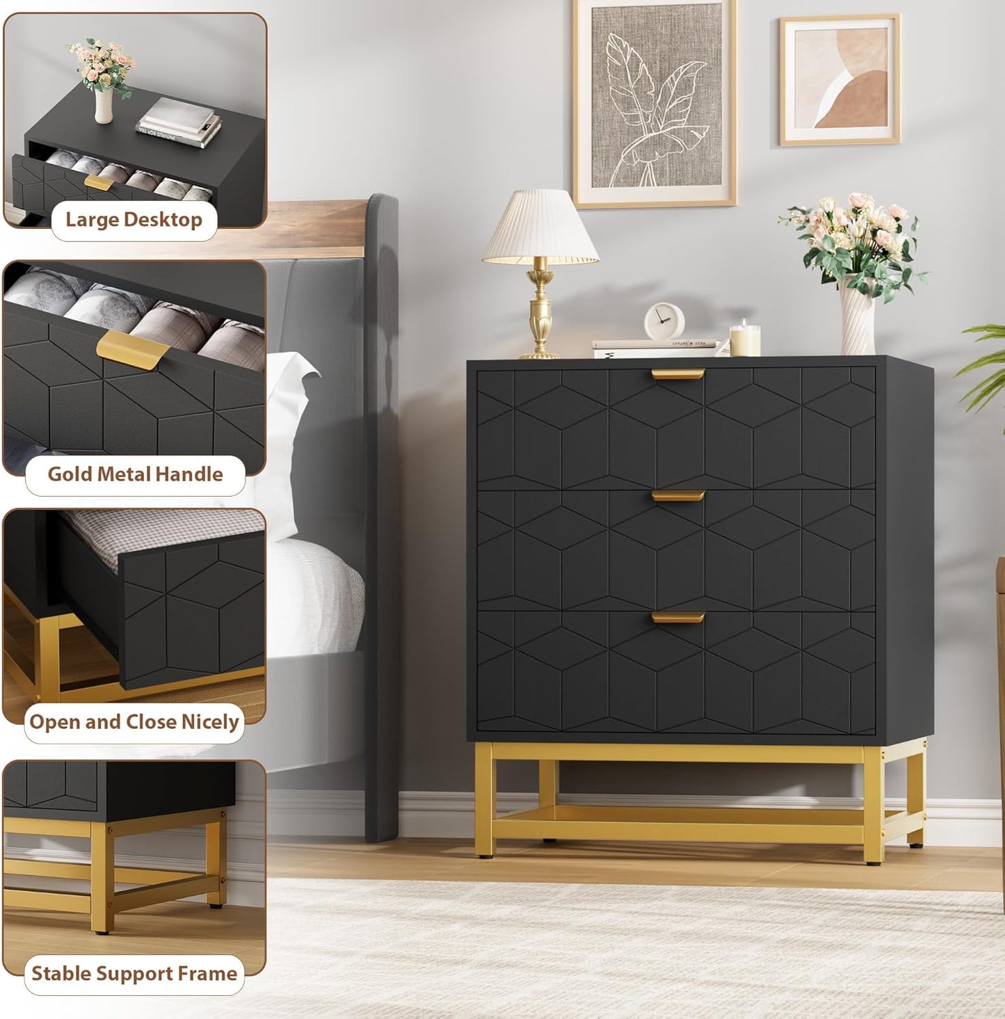 GAOMON 3 Drawer Dresser, Wood Chest Drawers with Storage for Closet, Bedroom, Drawers Dresser Modern Bedside Nightstand with Gold Handles, Black