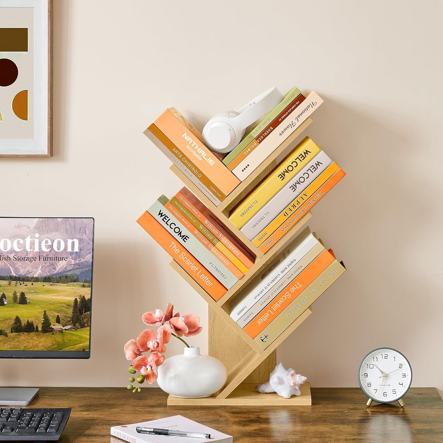 Hoctieon 4 Tier Tree Bookshelf, 4 Shelf Bookcase, Free Standing Tree Bookcase, Display Floor Standing Shelf for Books, Book Organizer Shelves for Home Office, Living Room, Bedroom, Yellow