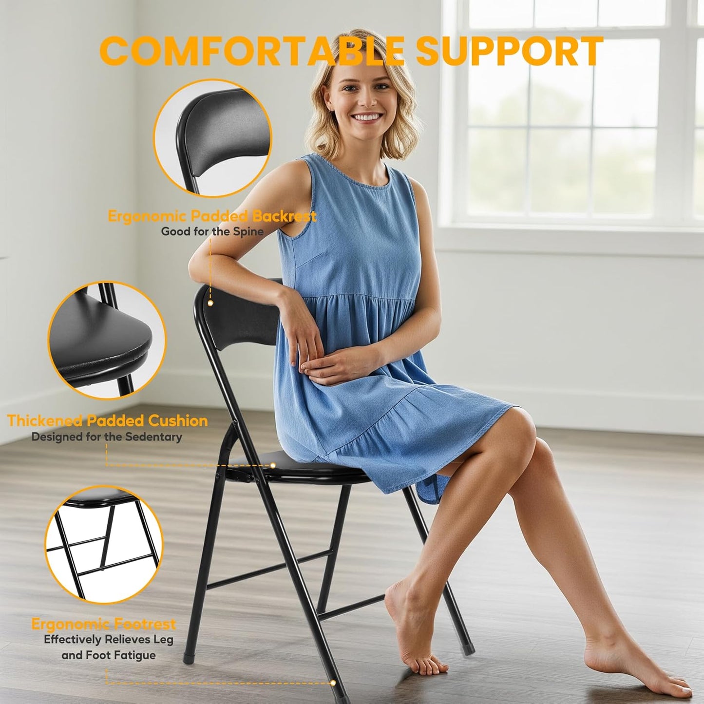 HealSmart 2 Pcs Folding Chairs with Leather Padded Cushion Seats, Back & Sturdy Metal Frame, Stackable, Portable, Commercial Event Seat, Indoor Outdoor for Parties, Home Event, Office, Black