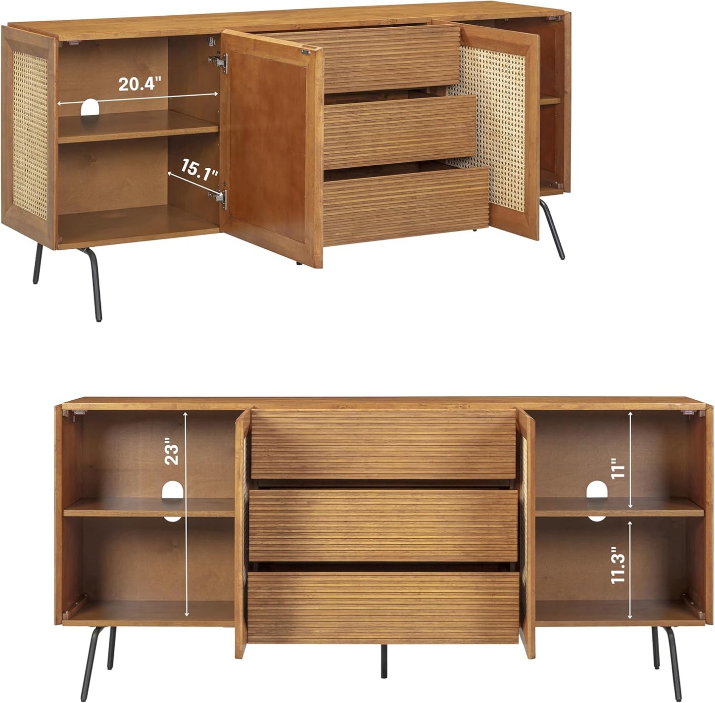 NTC MOSSIC Modern Sideboard with 4 Doors, Natural Rattan Storage Cabinet, Buffet with Metal Legs, Boho Accent Cabinet for Living Room, and Entryway, Effortless Assembly, Teak Look