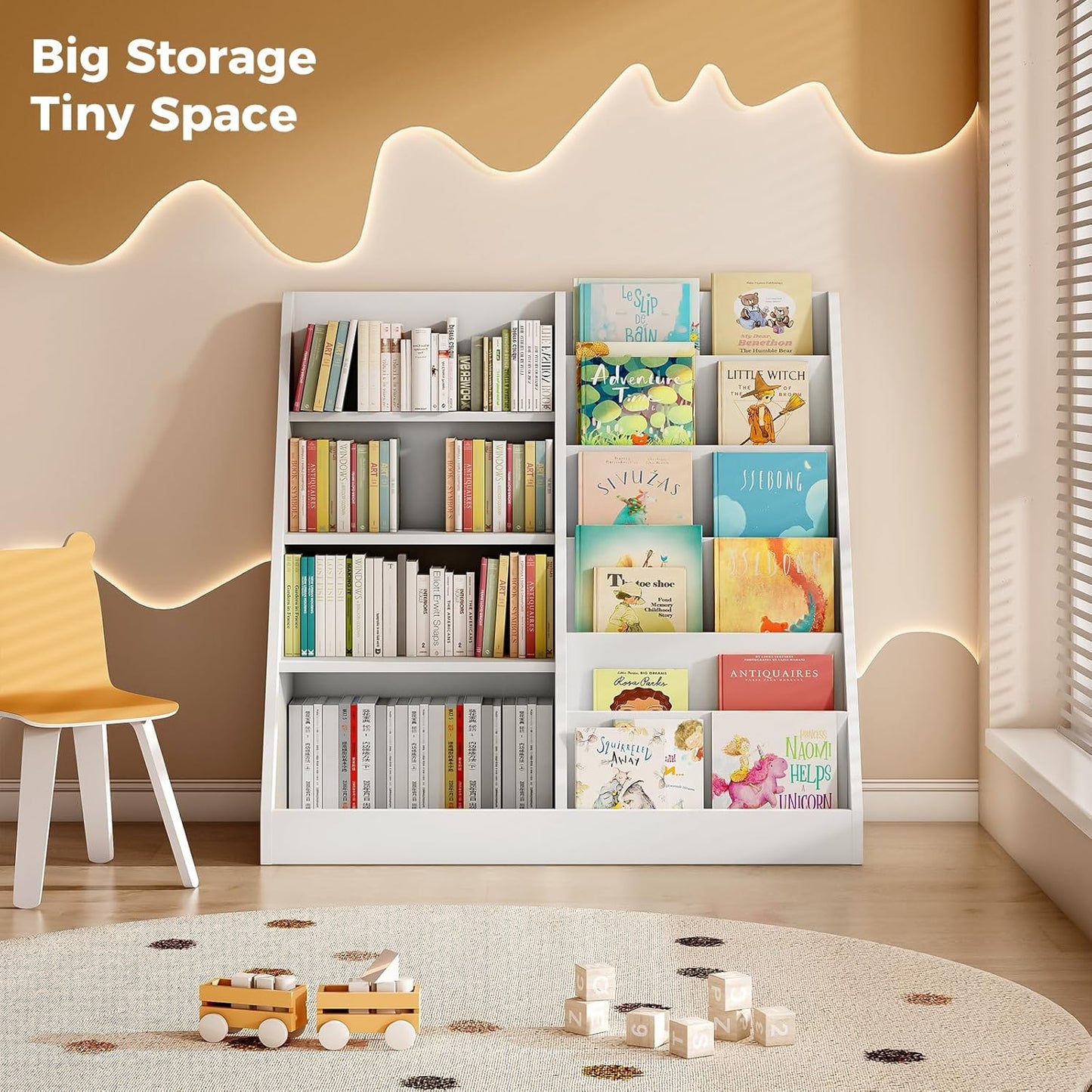 Tatub 6 Tier Kids Wooden Bookshelf and Toy Storage, Children Toy Organizer with Book Shelves, Toddler BookRack Baby Bookcase for Nursery, Playroom and Classroom, White