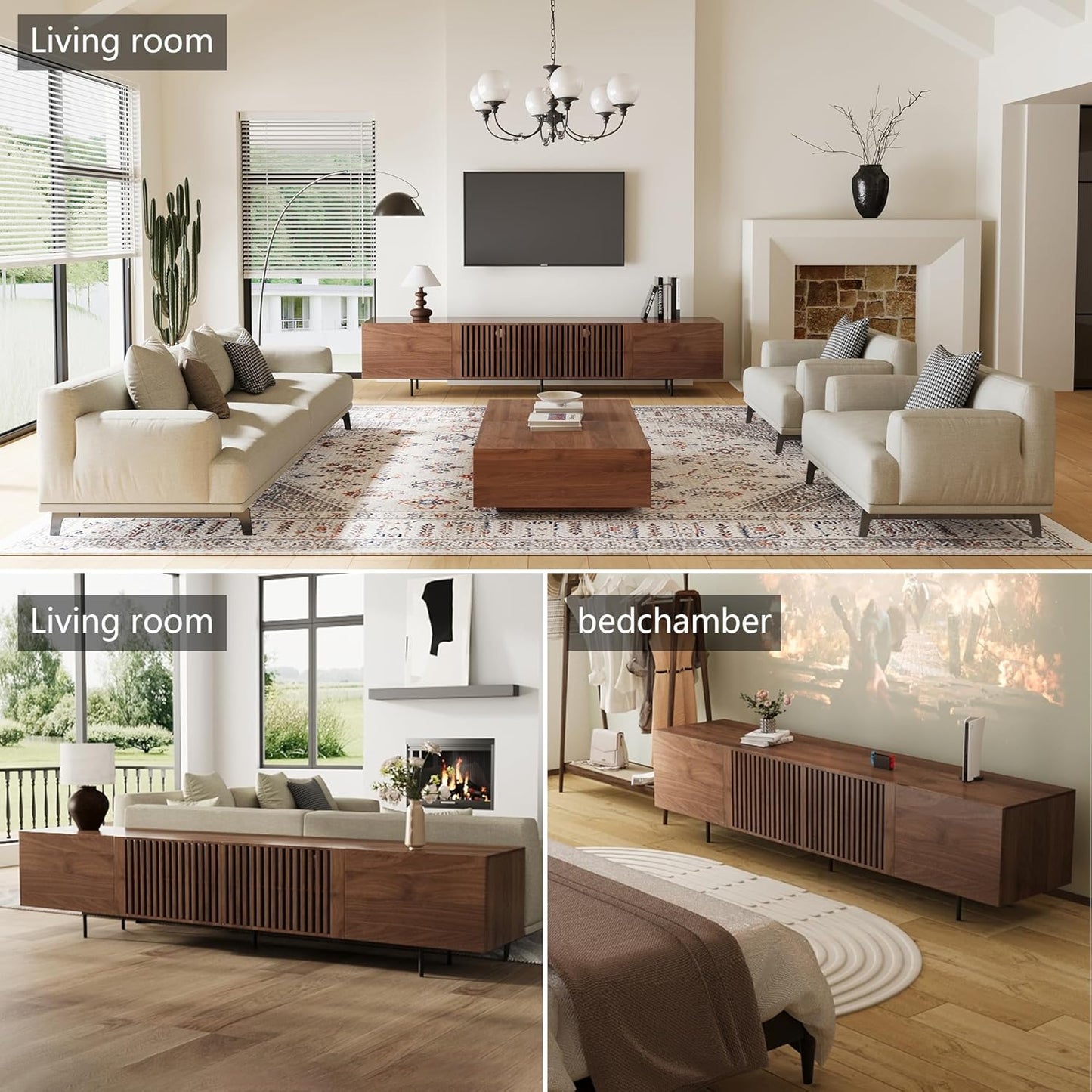 94.48" Mid Century Modern TV Stand for TVs up to 70"-90",Tv Console with 4 Storage Cabinets, Media Furniture for Living Room or Bedroom,Walnut