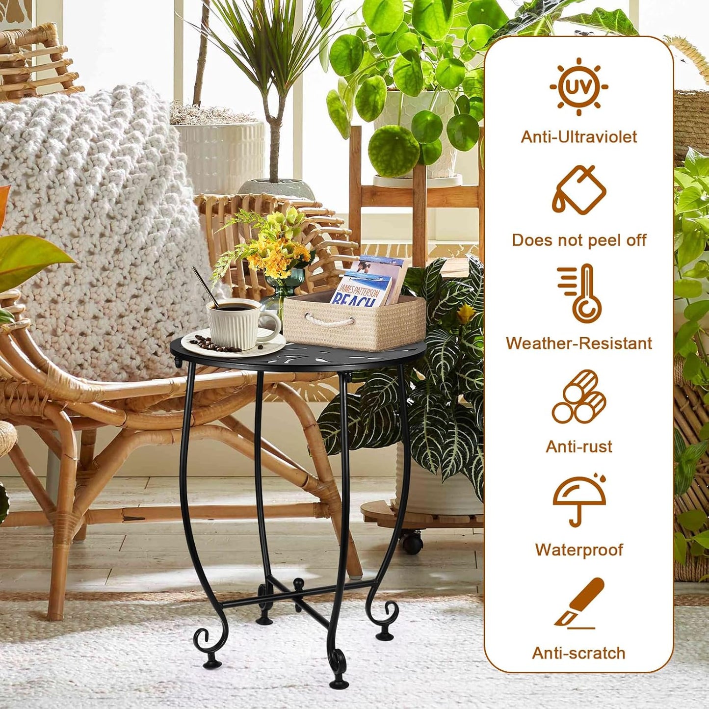 2 Pack Outdoor Side Tables for Patio, Weather Resistant Steel Patio Side Table, Small Round Outdoor End Table Metal Side Table for Patio Yard Balcony Garden Black (Turtle Leafl)